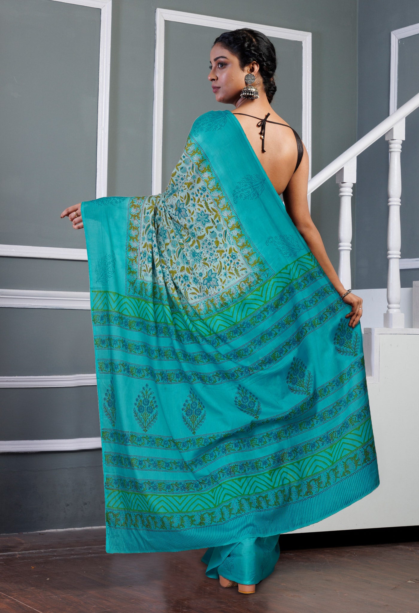 Light Green-Turquoise Blue Pure Hand Block Printed Soft Cotton Saree-UNM80443