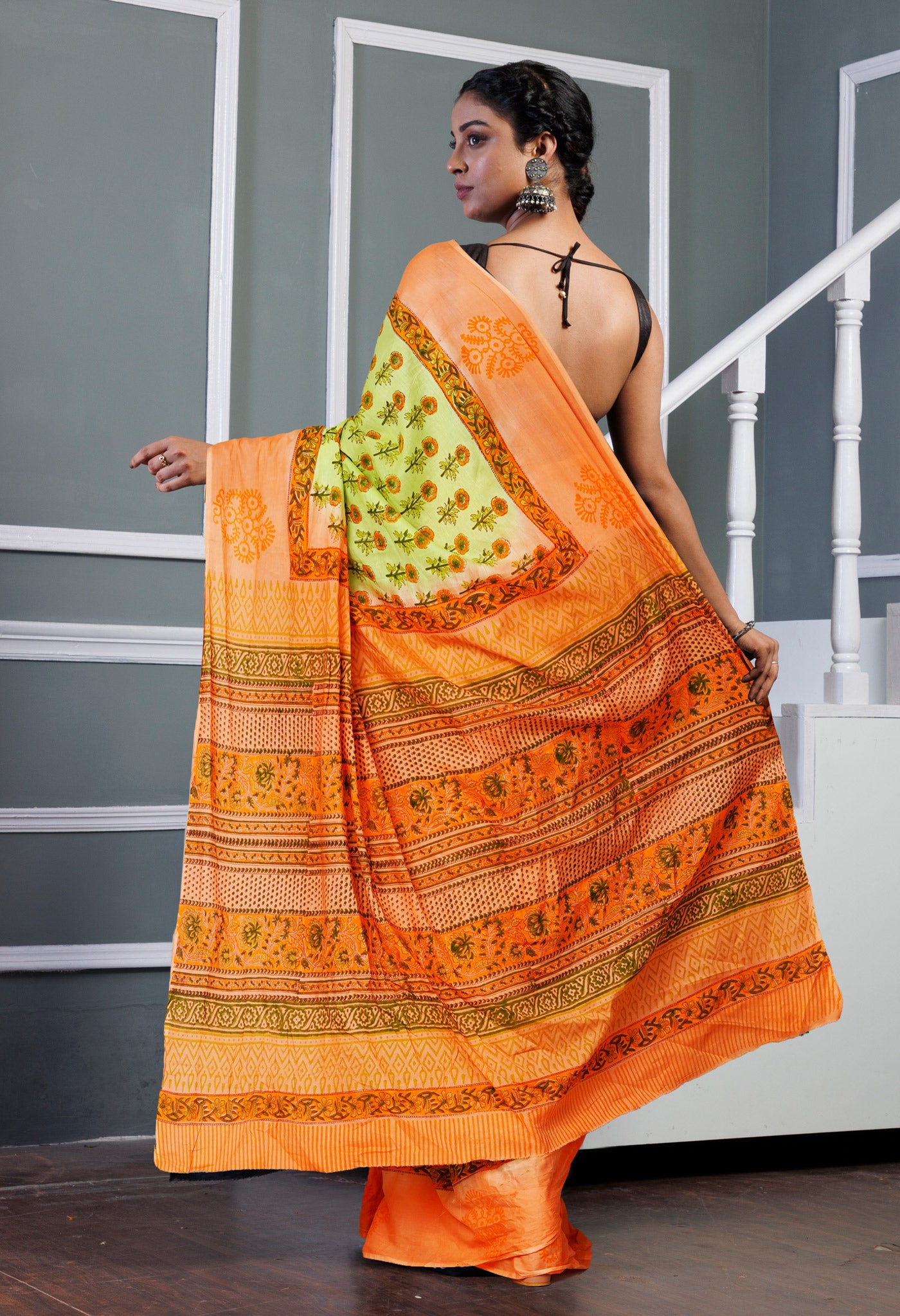 Green-Orange Pure Hand Block Printed Soft Cotton Saree-UNM80444