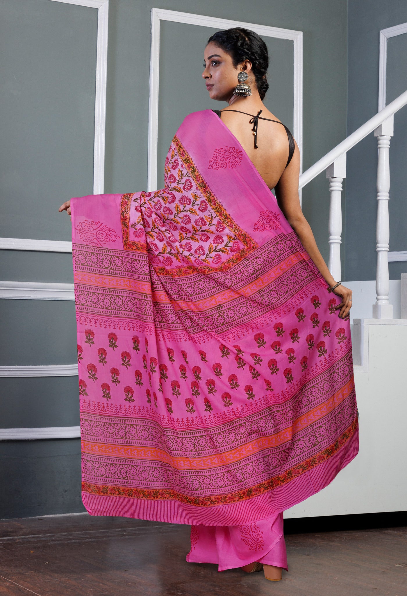 Pink Pure Hand Block Printed Soft Cotton Saree-UNM80445