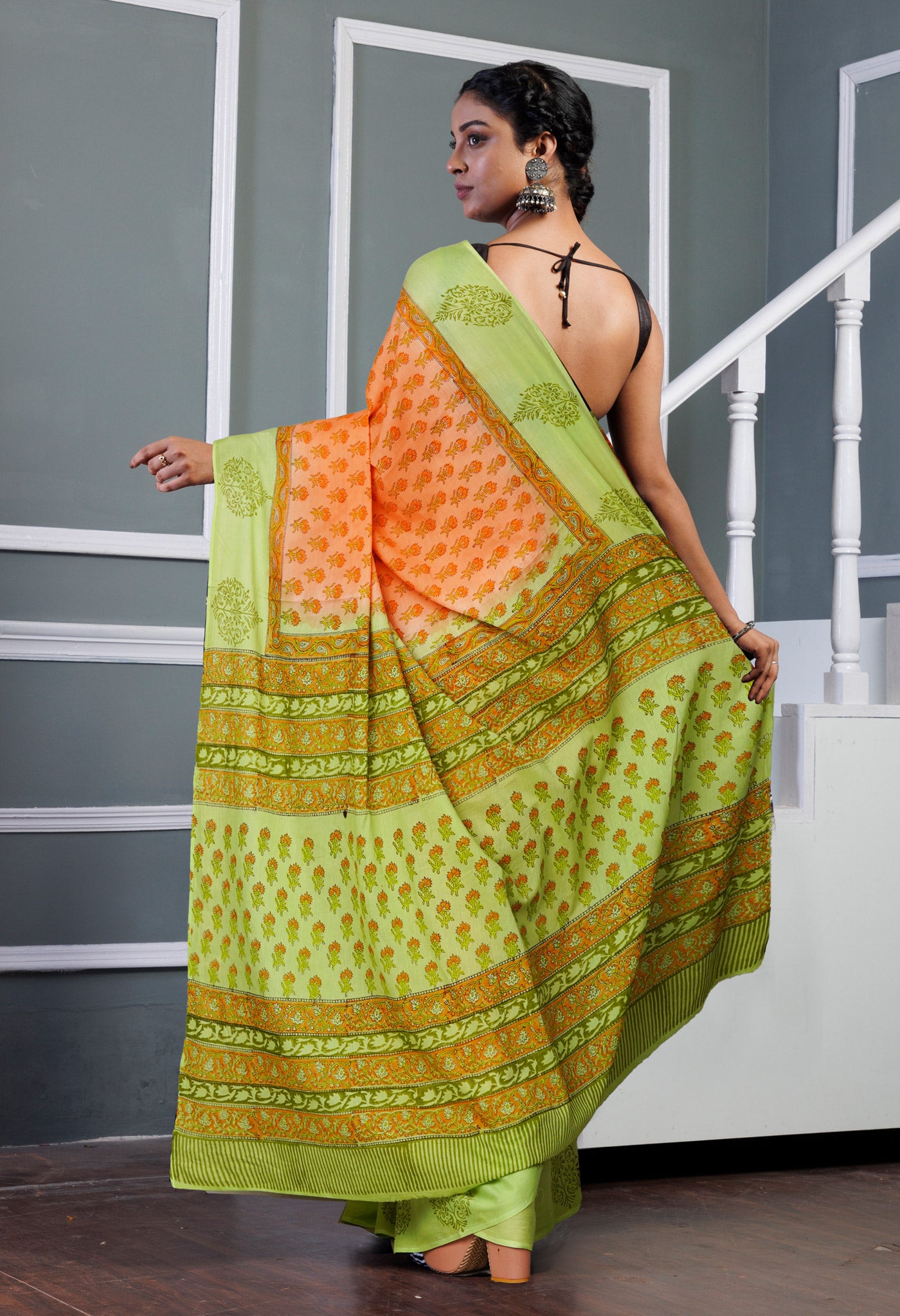 Orange-Green Pure Hand Block Printed Soft Cotton Saree-UNM80446