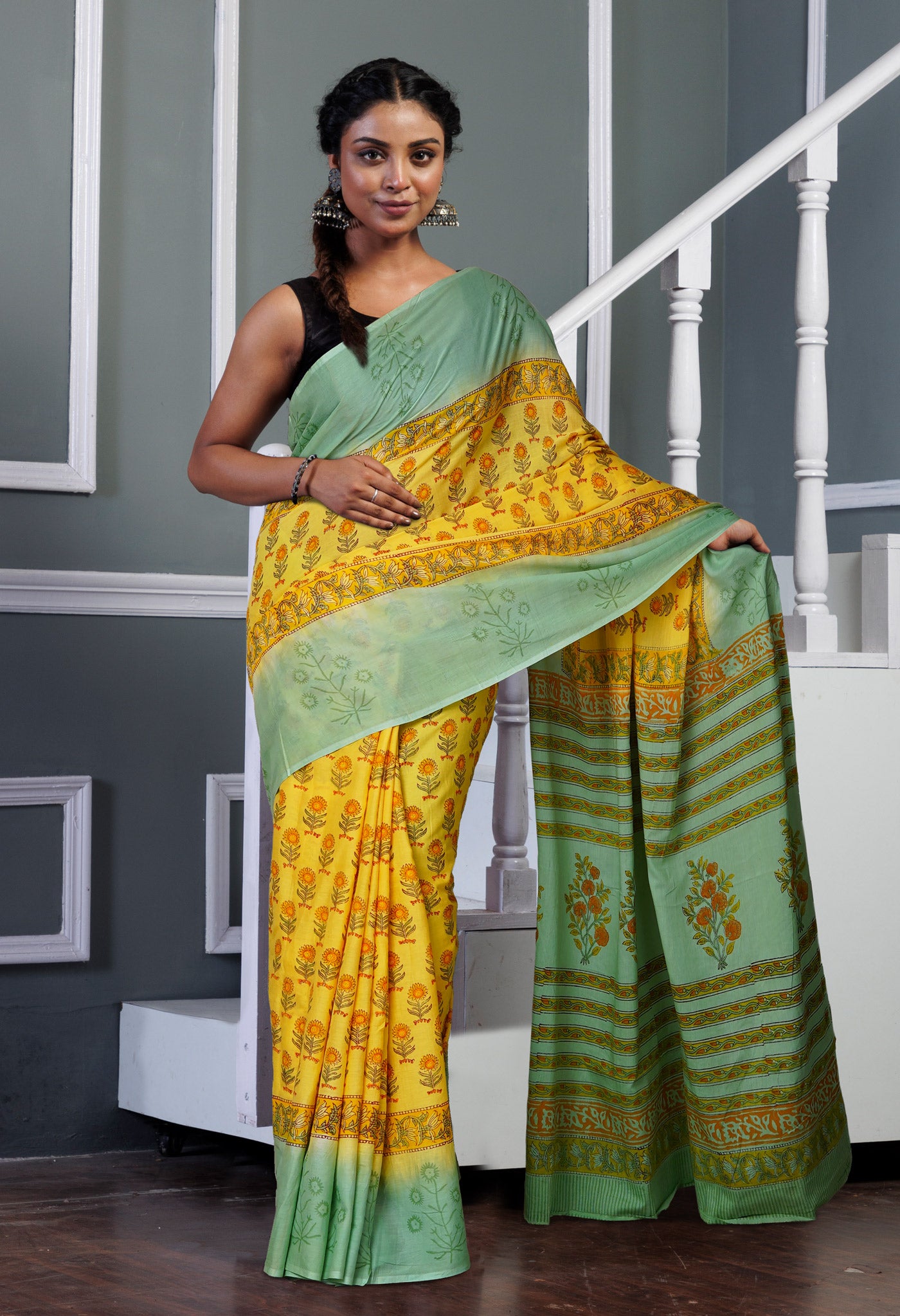 Yellow-Green Pure Hand Block Printed Soft Cotton Saree-UNM80447