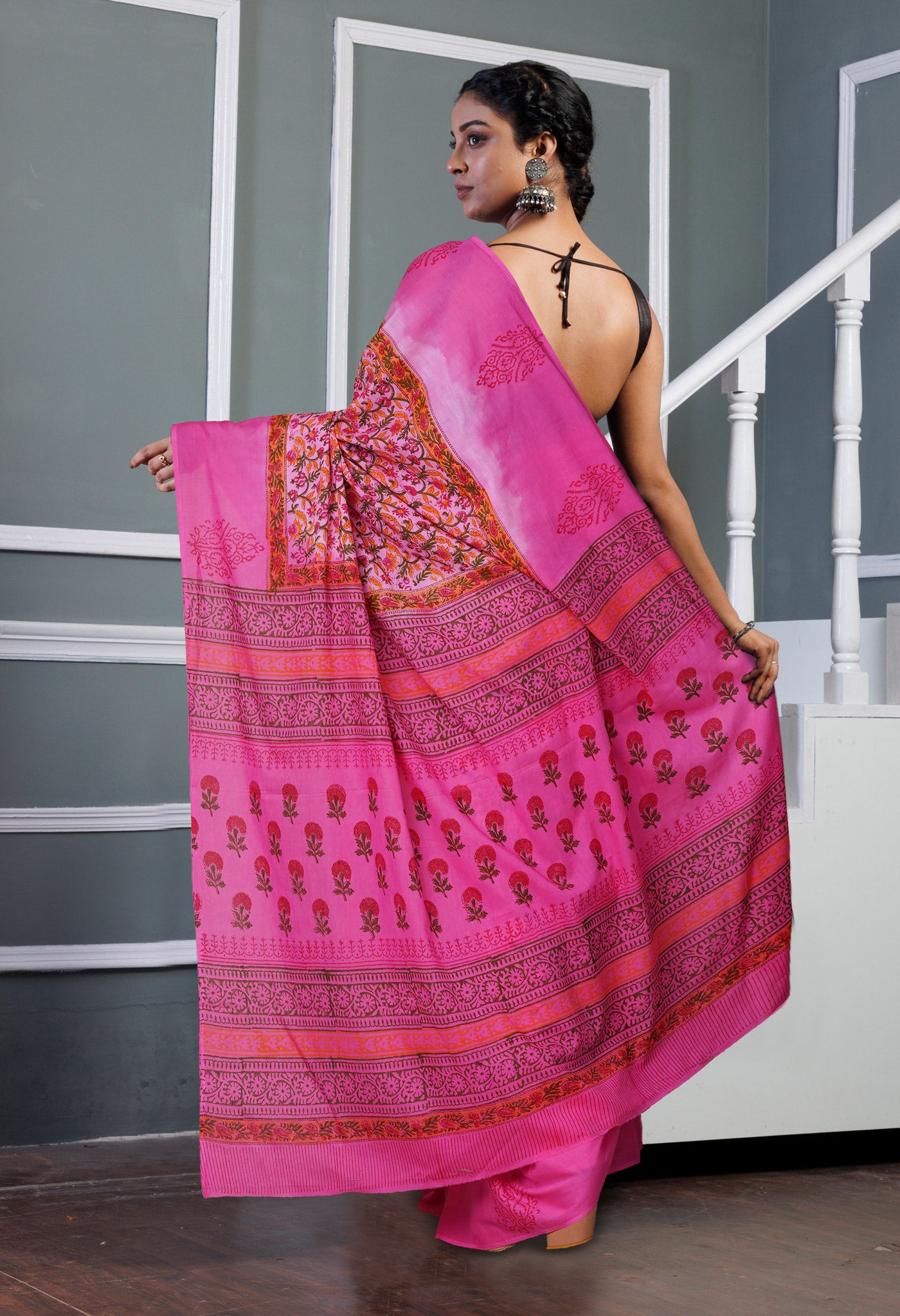 Pink Pure Hand Block Printed Soft Cotton Saree-UNM80449