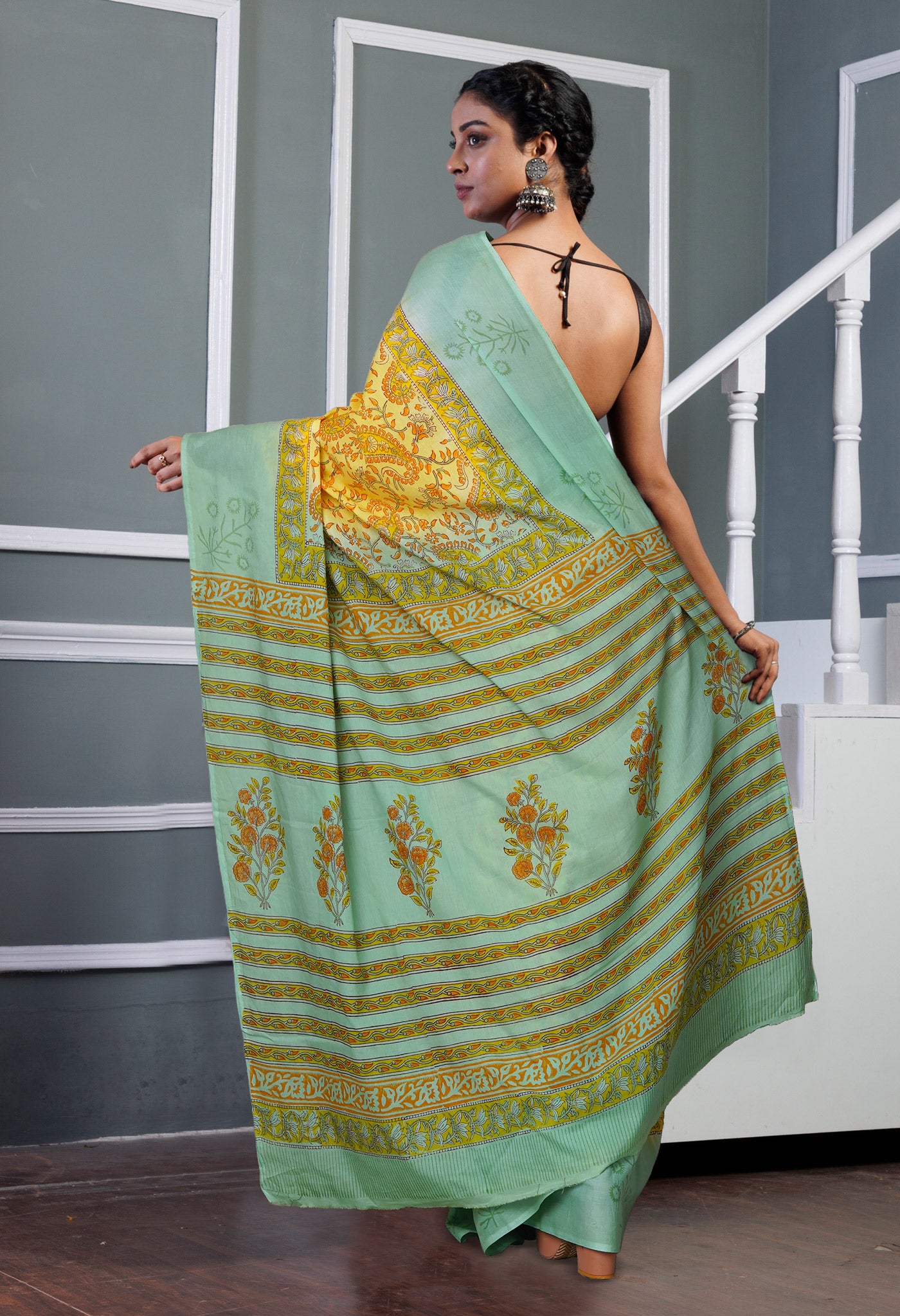 Yellow-Green Pure Hand Block Printed Soft Cotton Saree-UNM80450