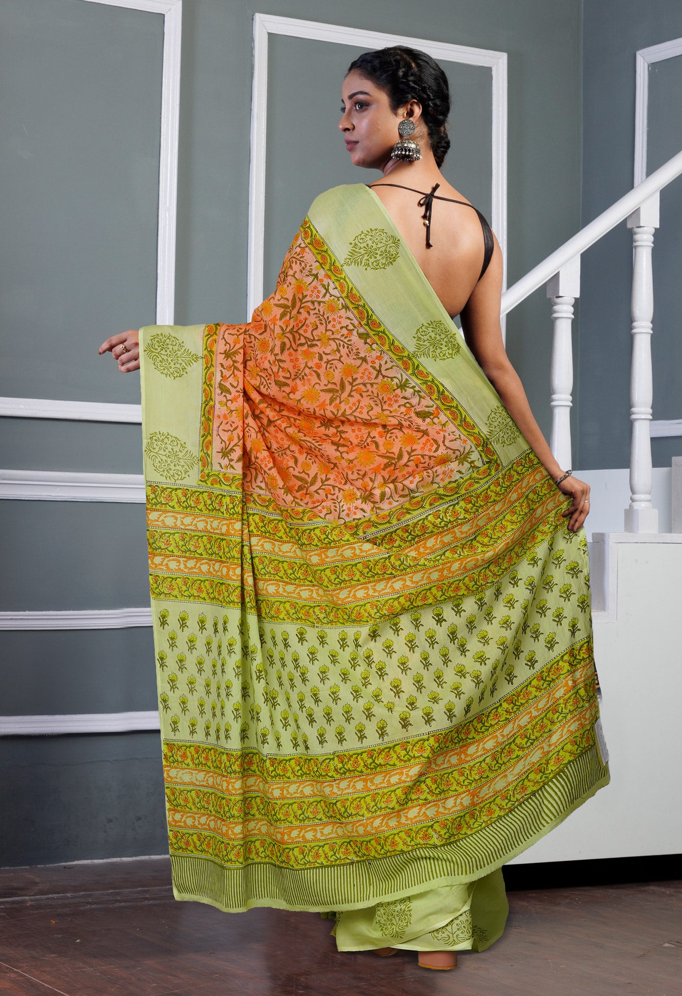 Orange-Green Pure Hand Block Printed Soft Cotton Saree-UNM80451