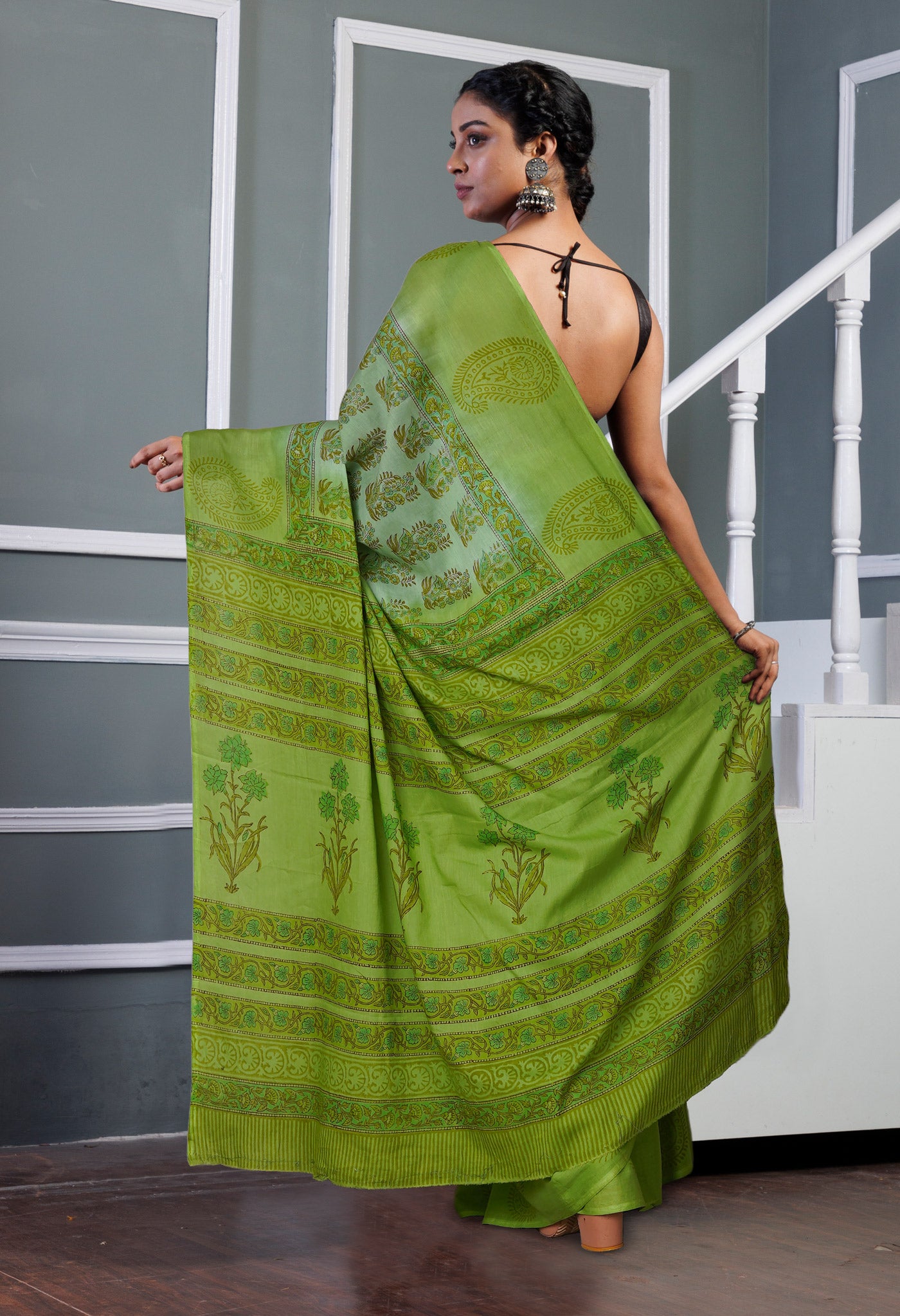 Green Pure Hand Block Printed Soft Cotton Saree-UNM80453