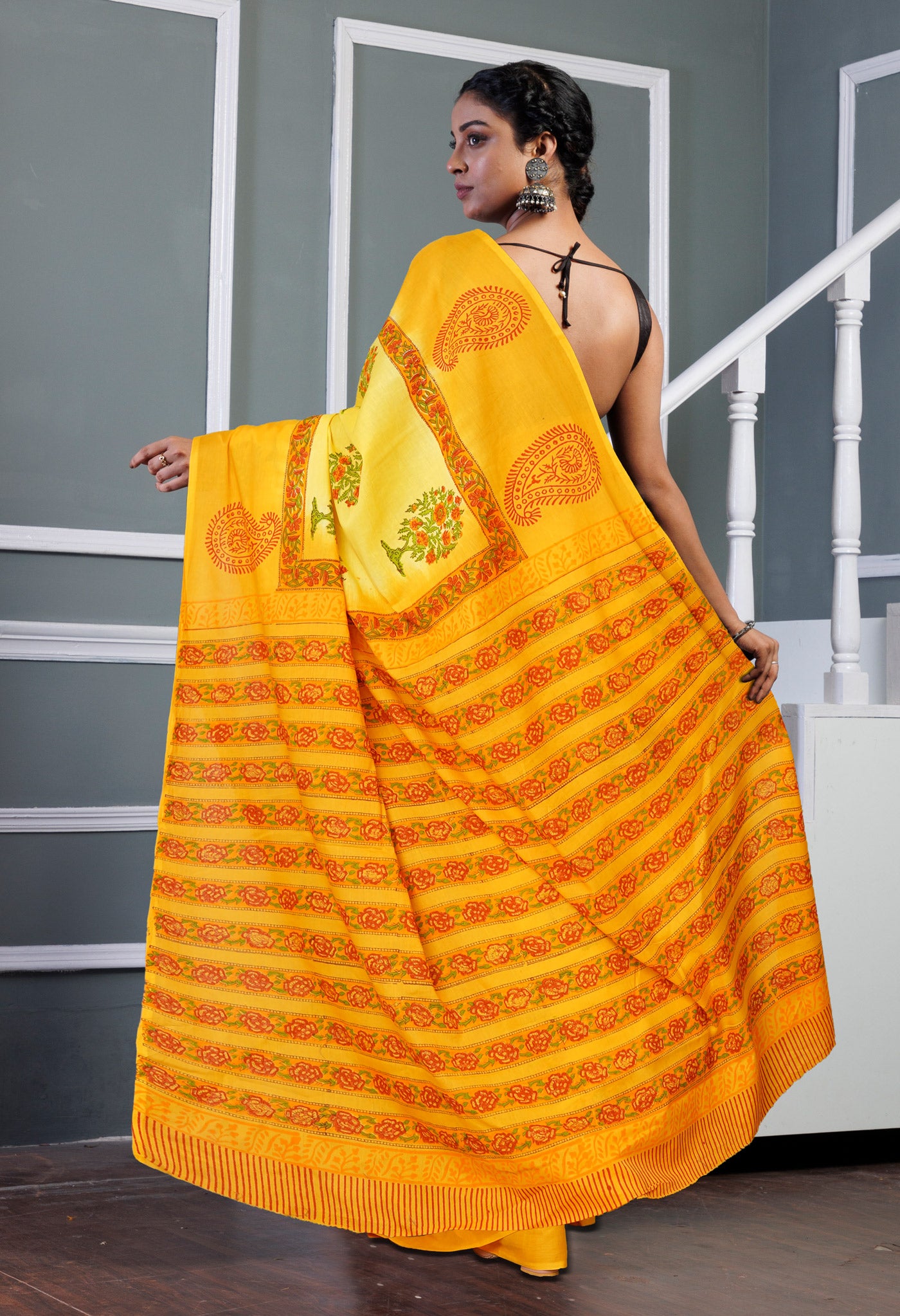 Yellow-Mustard Yellow Pure Hand Block Printed Soft Cotton Saree-UNM80455