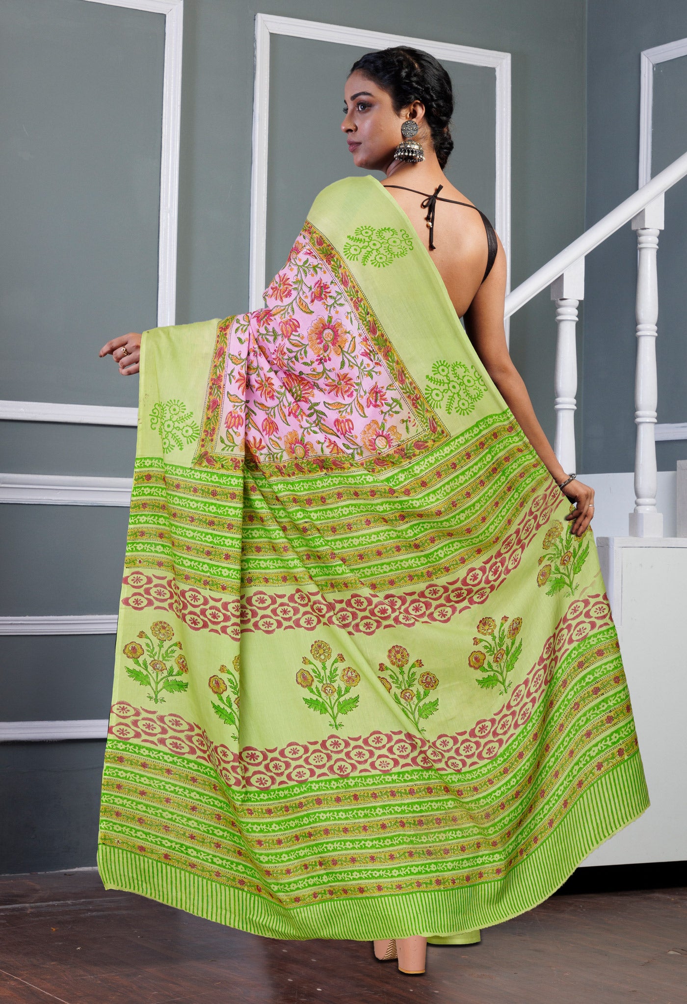 Pink-Green Pure Hand Block Printed Soft Cotton Saree-UNM80456