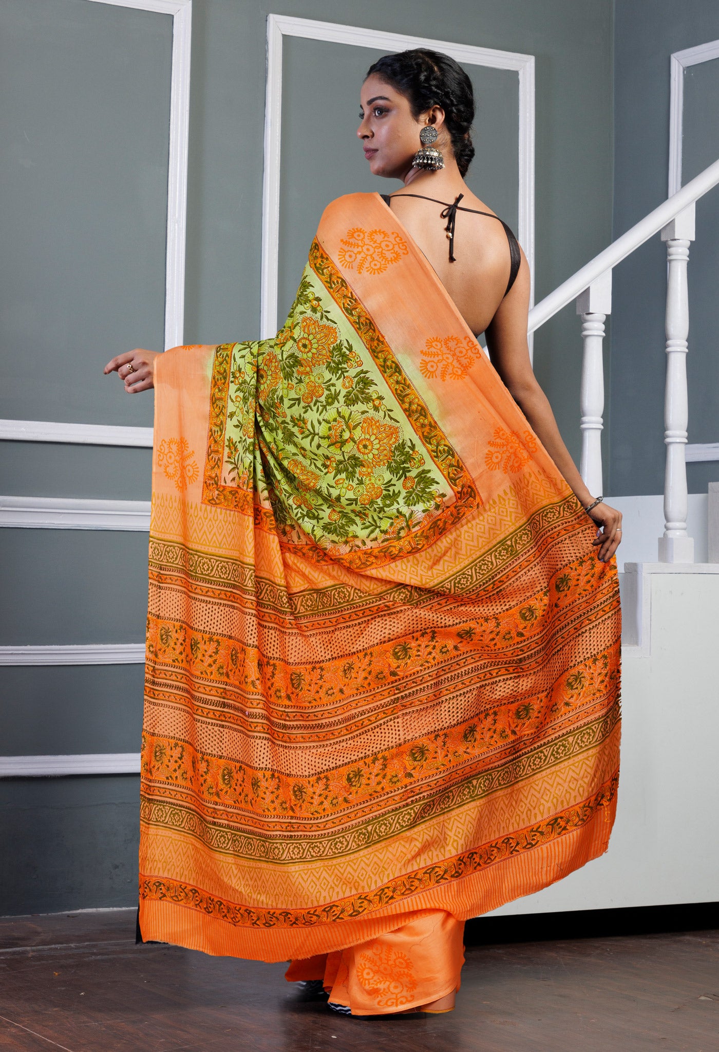 Green-Orange Pure Hand Block Printed Soft Cotton Saree-UNM80457