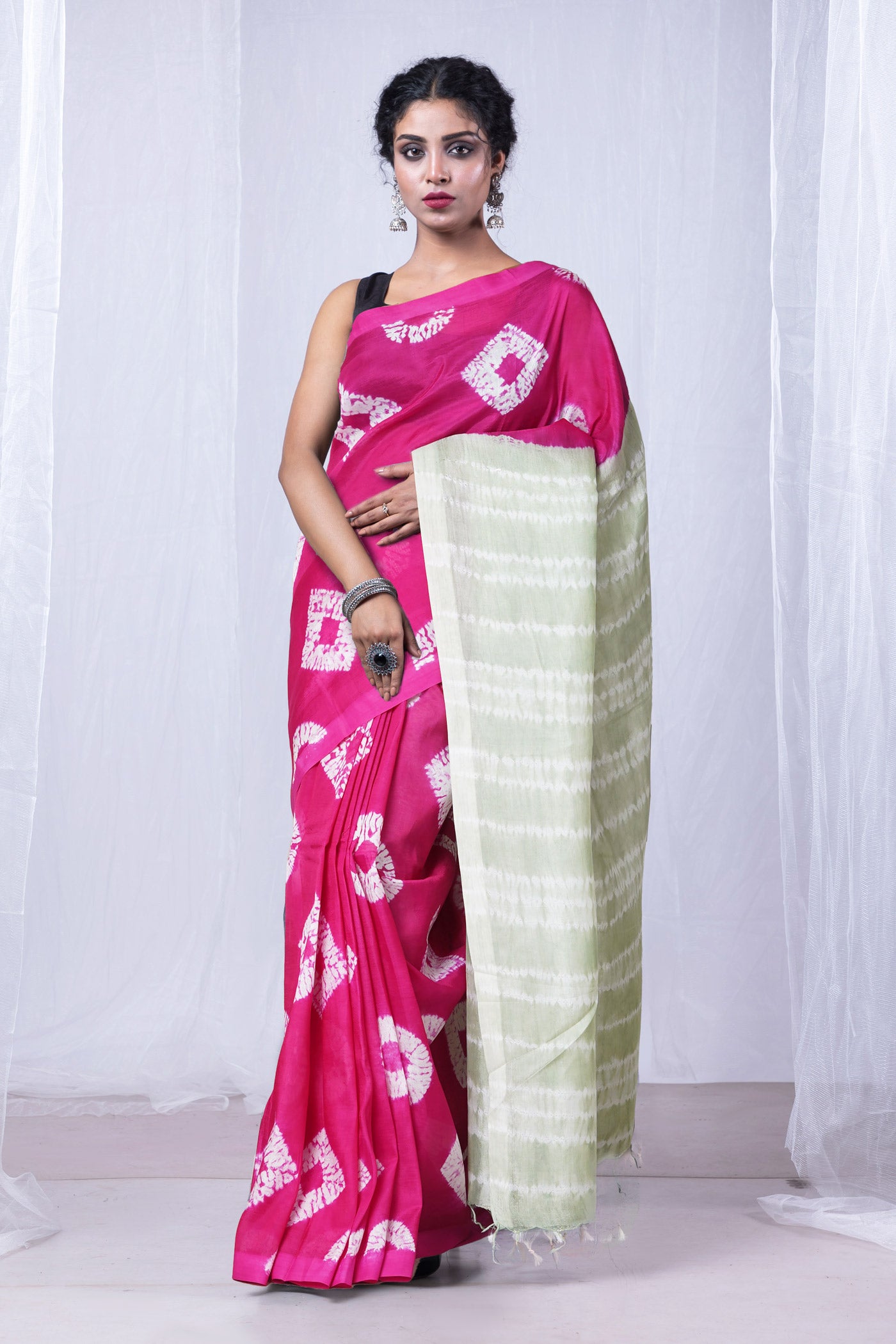 Pink-Grey Pure  Tie And Dye Shibori Printed Soft Silk Saree-UNM80459