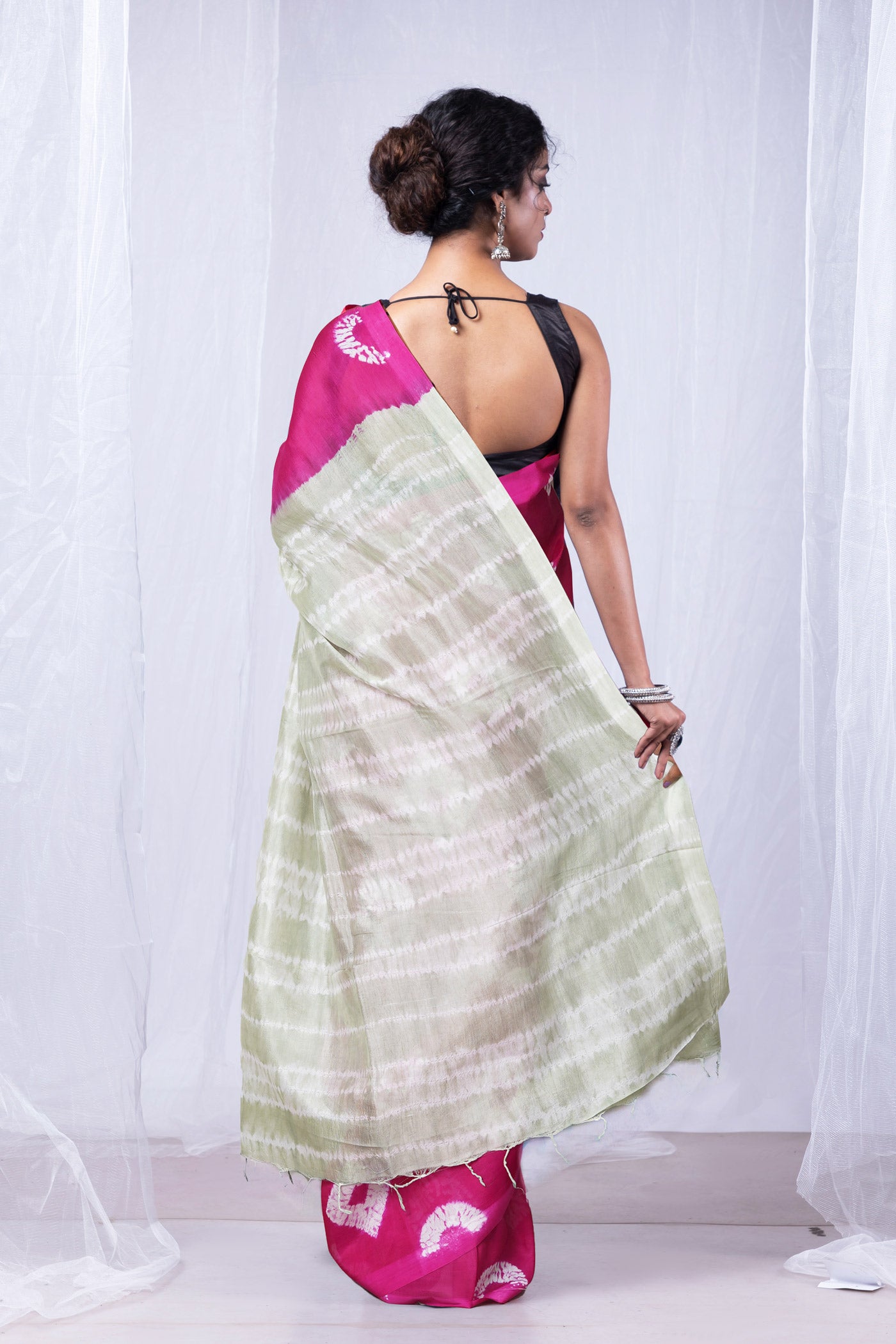 Pink-Grey Pure  Tie And Dye Shibori Printed Soft Silk Saree-UNM80459