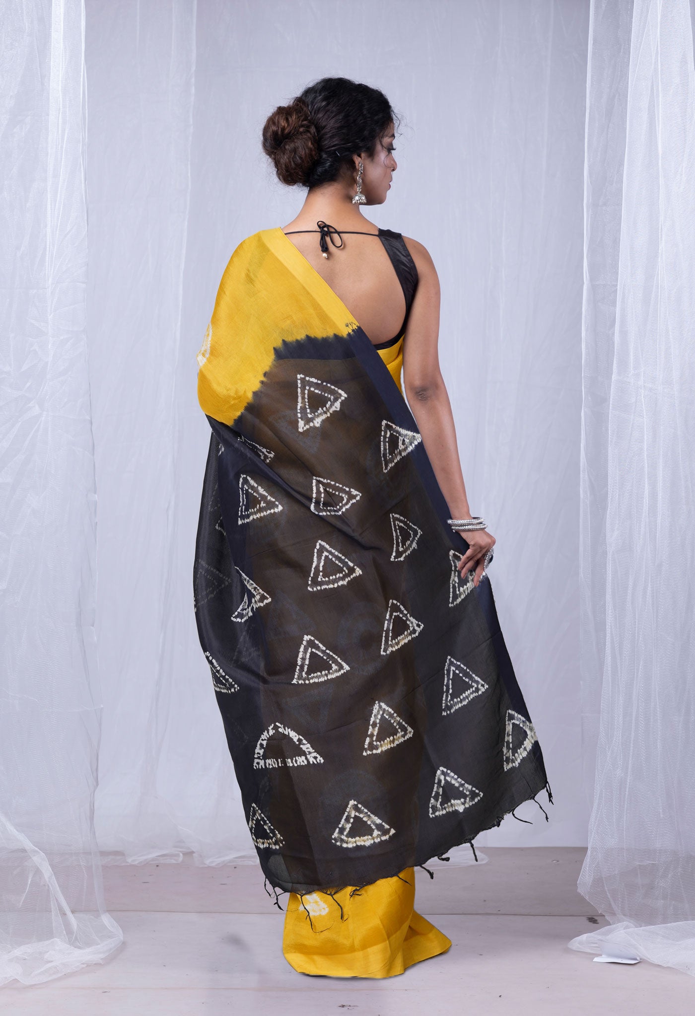 Yellow-Navy Blue Pure  Tie And Dye Shibori Printed Soft Silk Saree-UNM80461