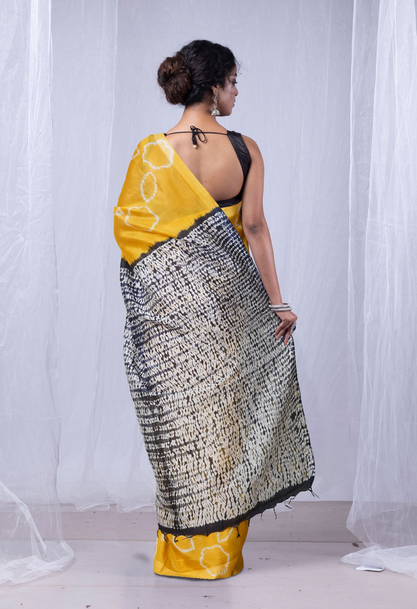 Yellow-Navy Blue Pure  Tie And Dye Shibori Printed Soft Silk Saree-UNM80463