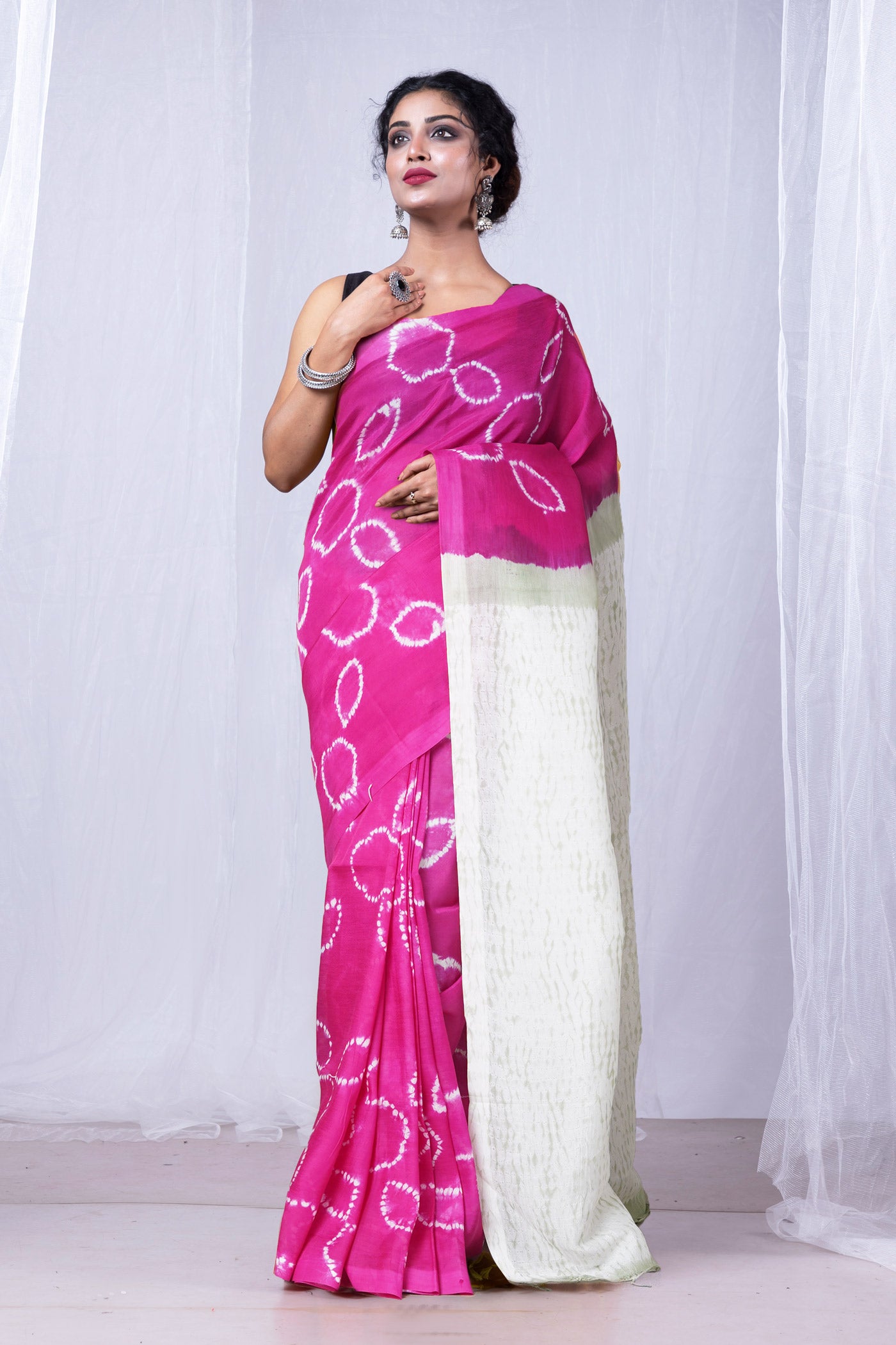 Pink-Grey Pure  Tie And Dye Shibori Printed Soft Silk Saree-UNM80464