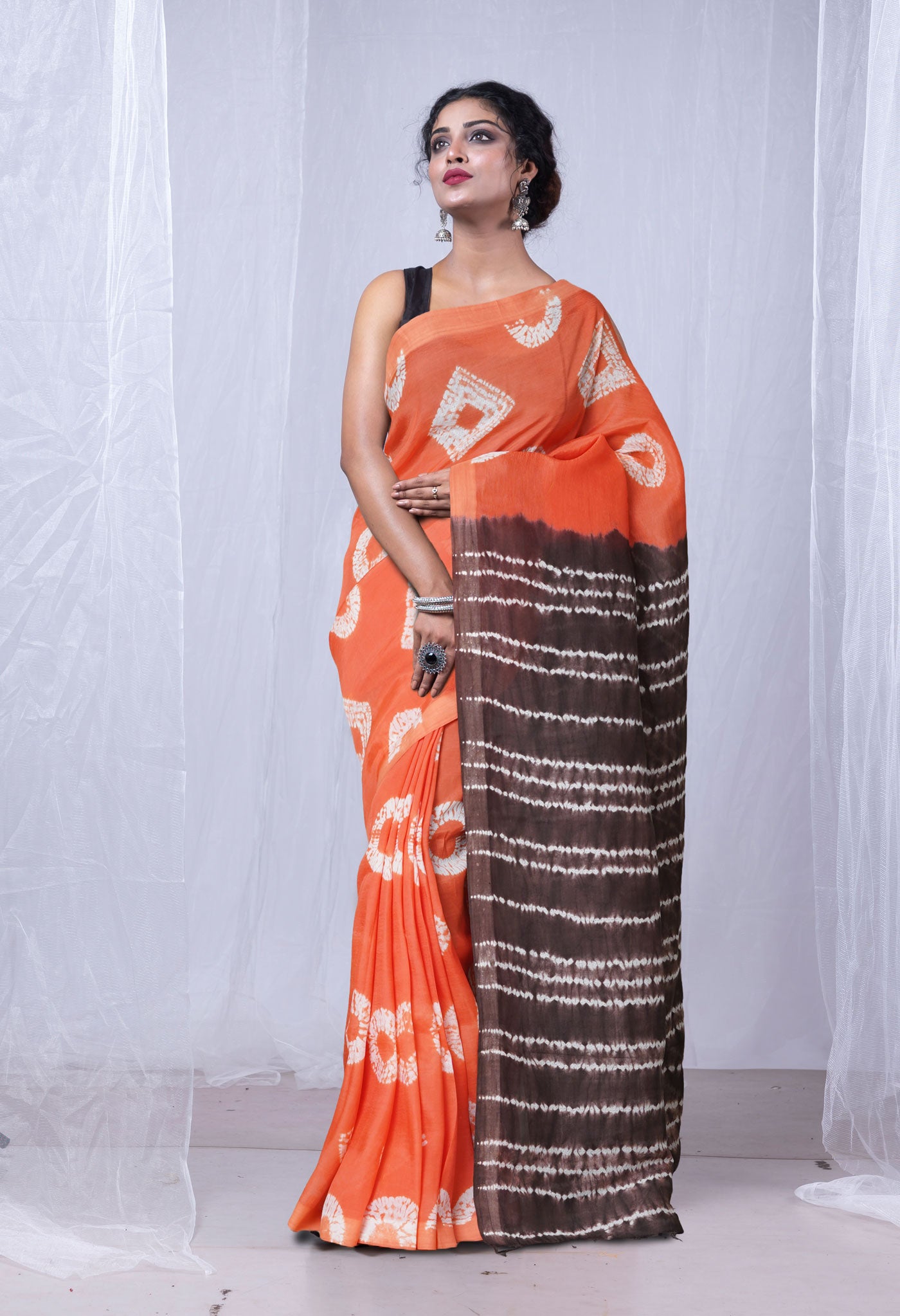 Coral Pink-Brown Pure  Tie And Dye Shibori Printed Soft Silk Saree-UNM80468