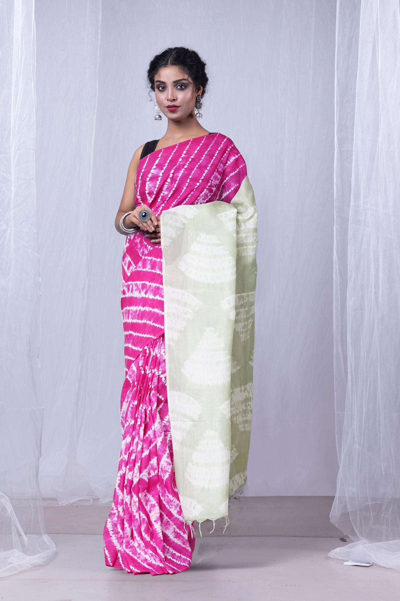 Pink-Grey Pure  Tie And Dye Shibori Printed Soft Silk Saree-UNM80470