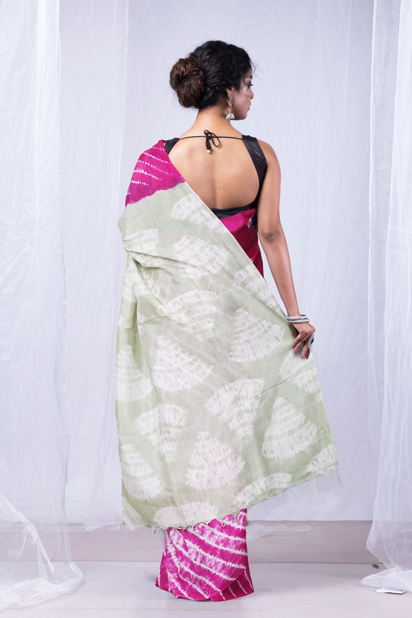 Pink-Grey Pure  Tie And Dye Shibori Printed Soft Silk Saree-UNM80470