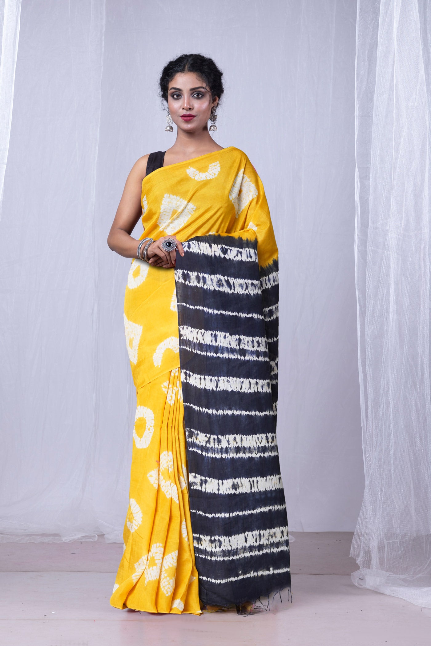 Yellow-Navy Blue Pure  Tie And Dye Shibori Printed Soft Silk Saree-UNM80471