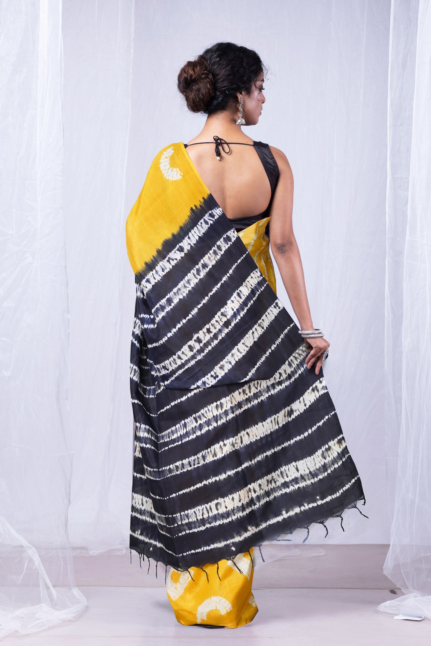 Yellow-Navy Blue Pure  Tie And Dye Shibori Printed Soft Silk Saree-UNM80471