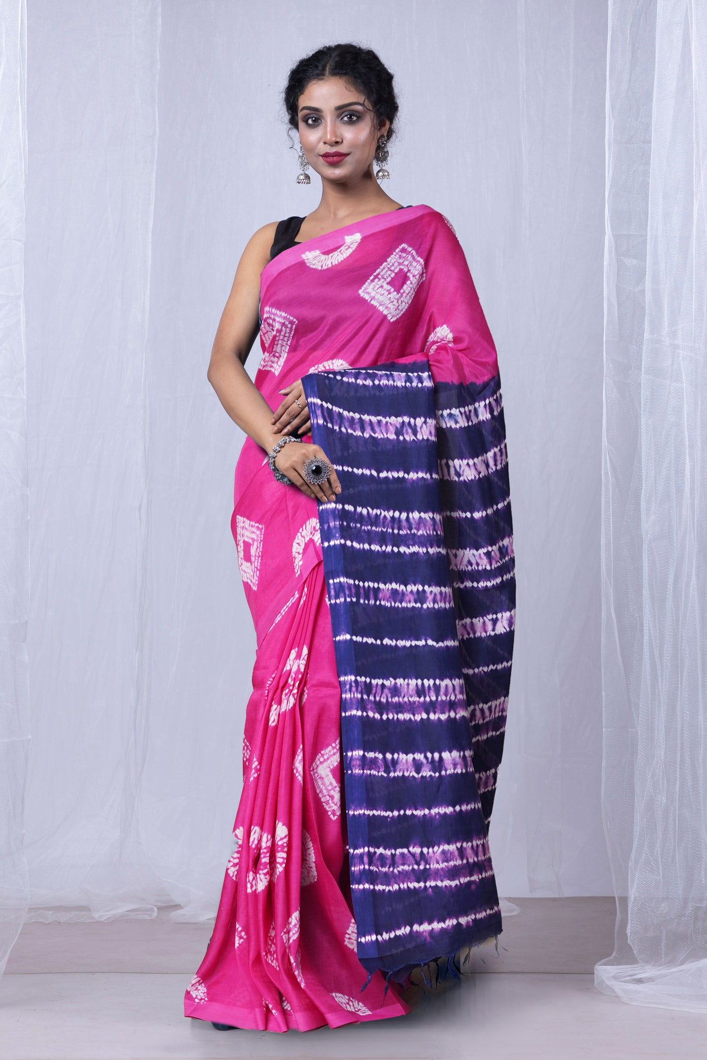 Pink-Navy Blue Pure  Tie And Dye Shibori Printed Soft Silk Saree-UNM80473