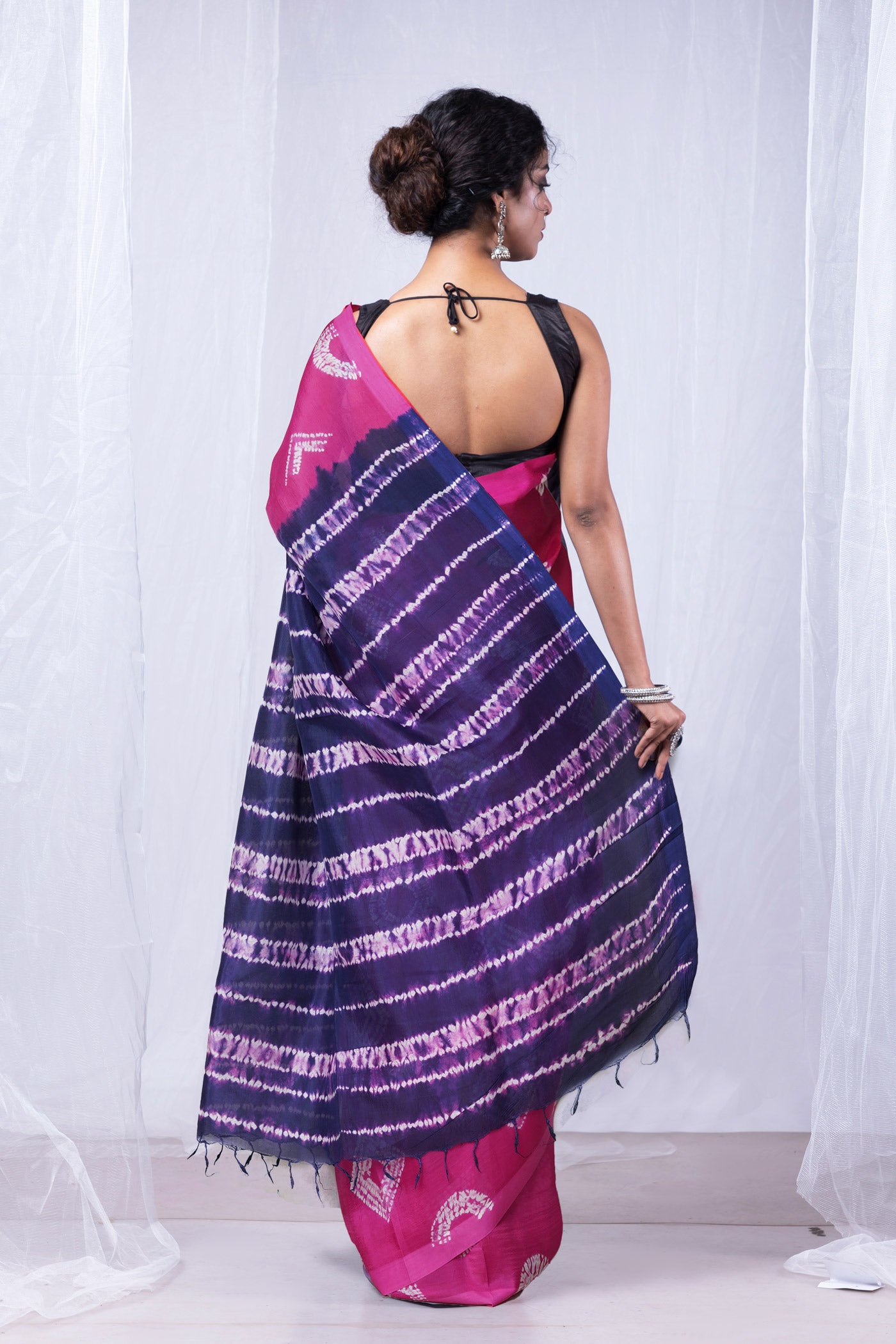 Pink-Navy Blue Pure  Tie And Dye Shibori Printed Soft Silk Saree-UNM80473