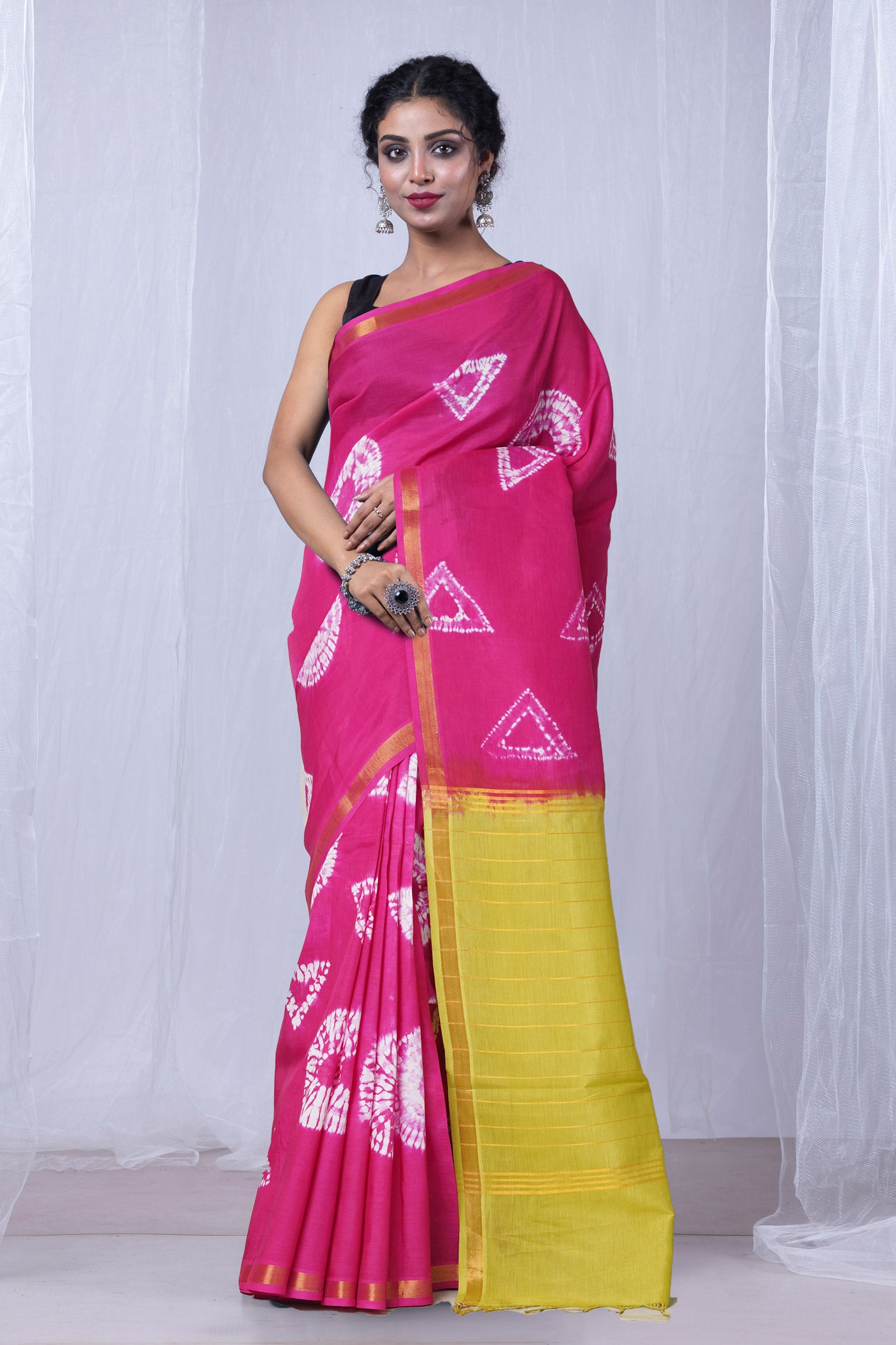 Pink-Parrot Green Pure  Tie And Dye Shibori Printed Soft Silk Saree-UNM80478