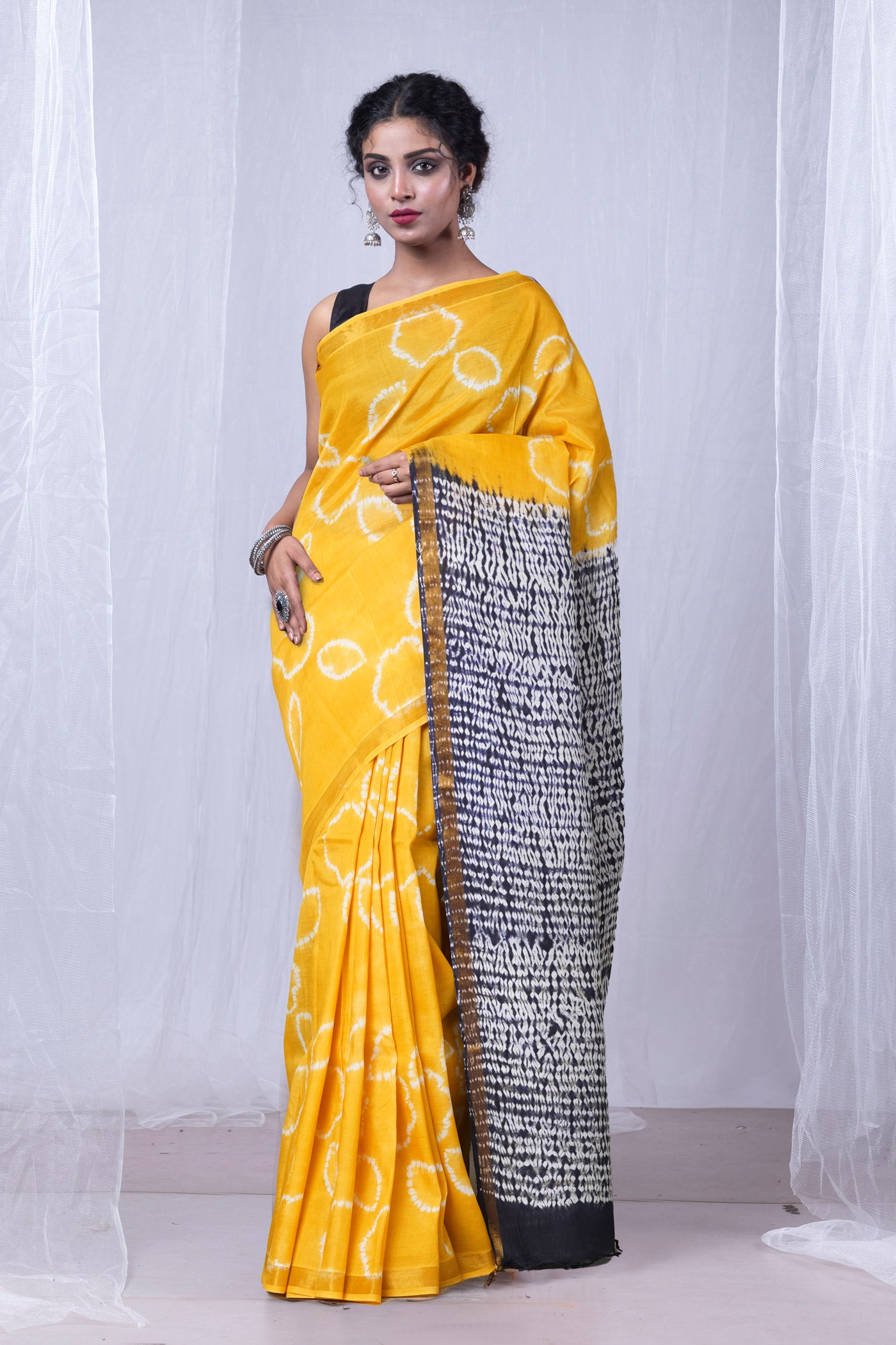 YellowNavy Blue Pure  Tie And Dye Shibori Printed Soft Silk Saree-UNM80479