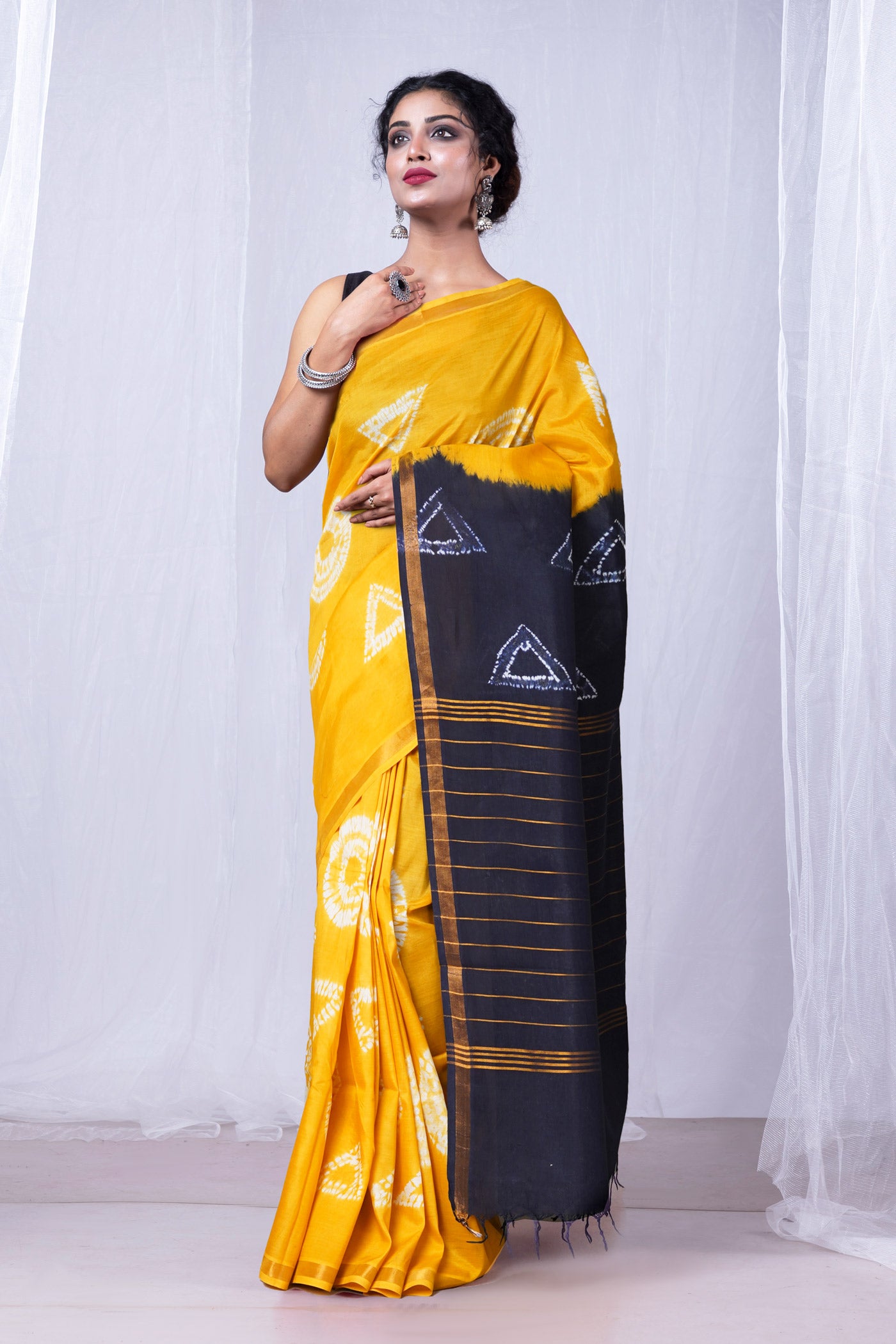 YellowNavy Blue Pure  Tie And Dye Shibori Printed Soft Silk Saree-UNM80482