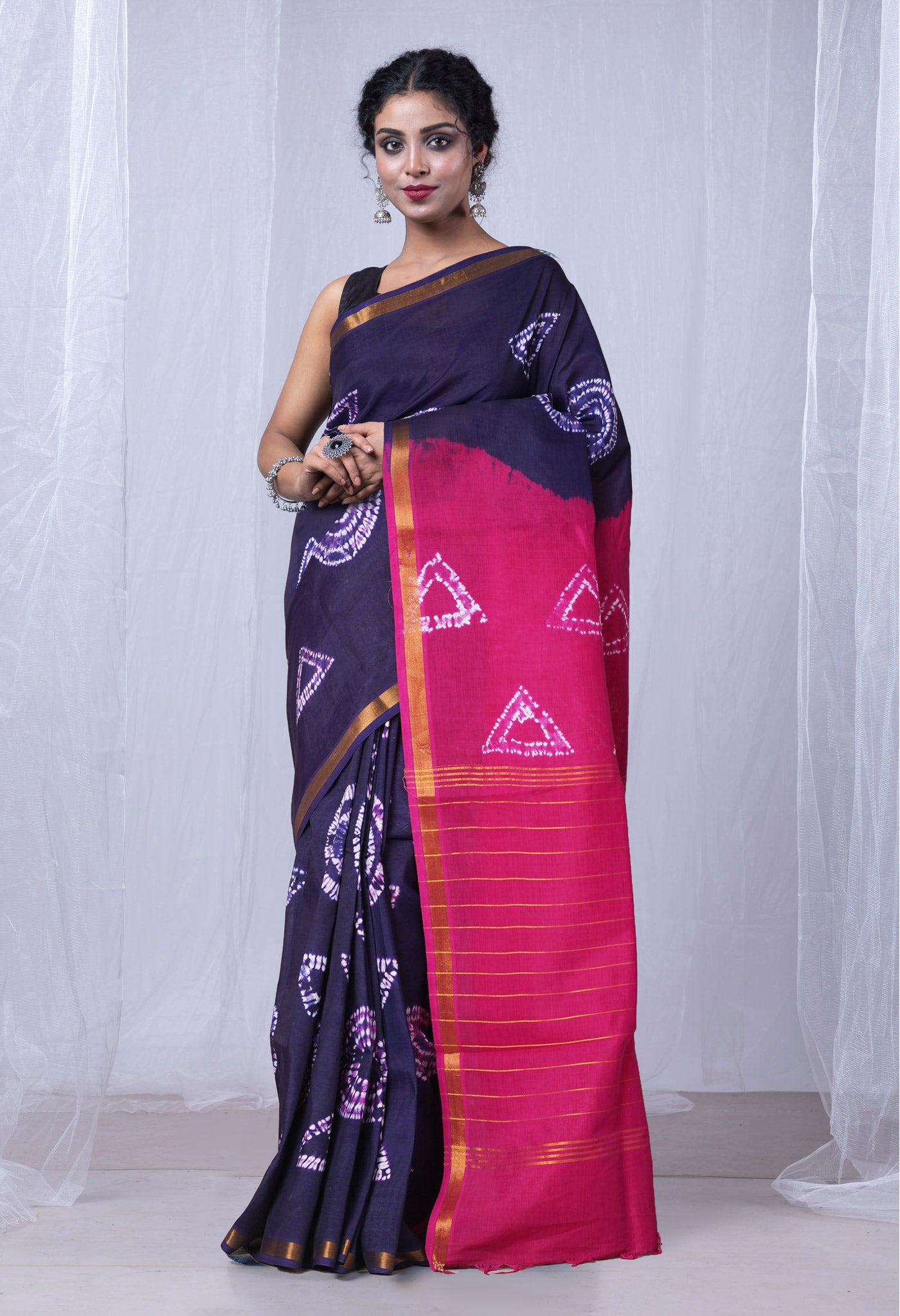 Navy Blue-Pink Pure  Tie And Dye Shibori Printed Soft Silk Saree-UNM80484