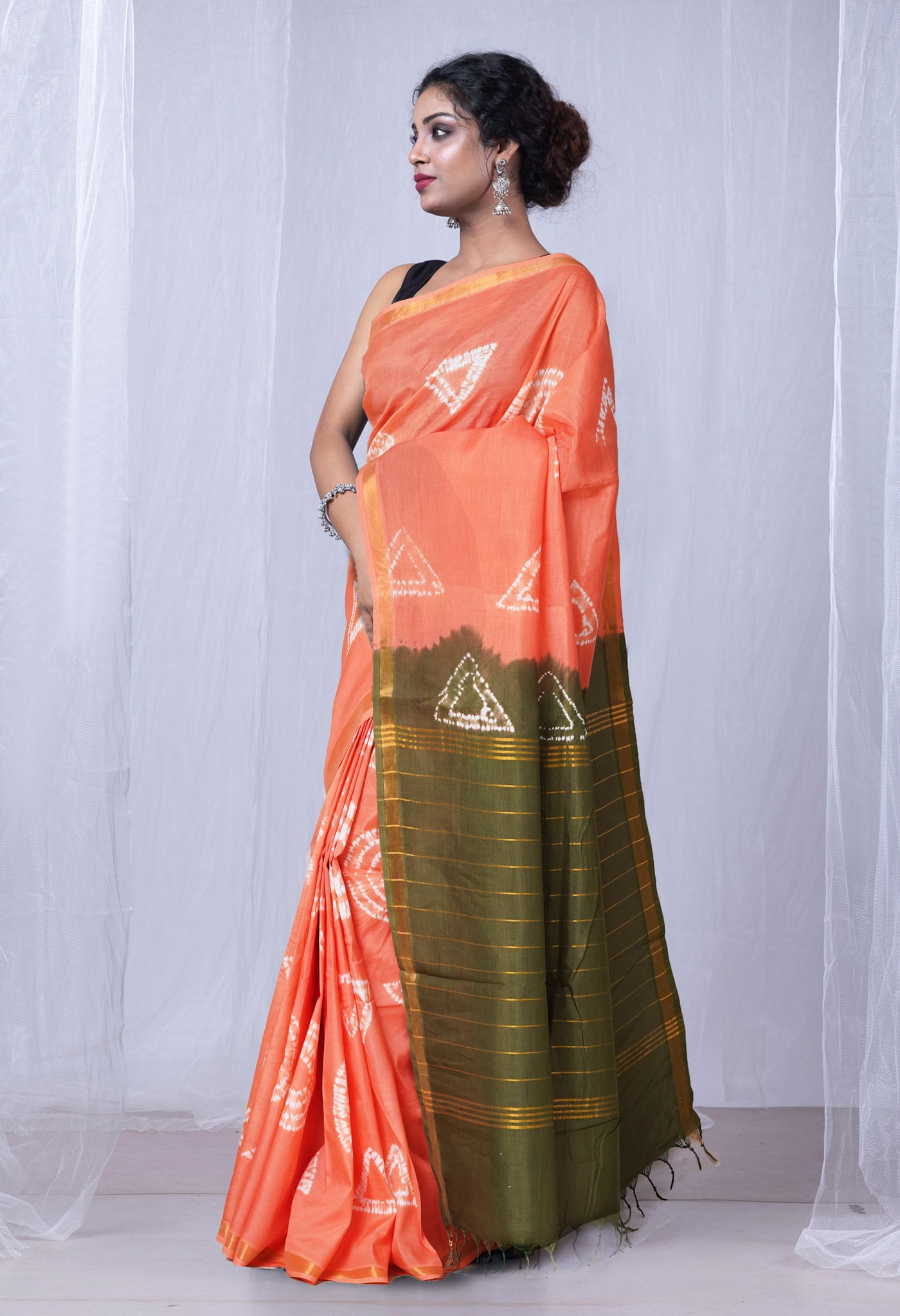 Coral Pink-Dark Green Pure  Tie And Dye Shibori Printed Soft Silk Saree-UNM80485