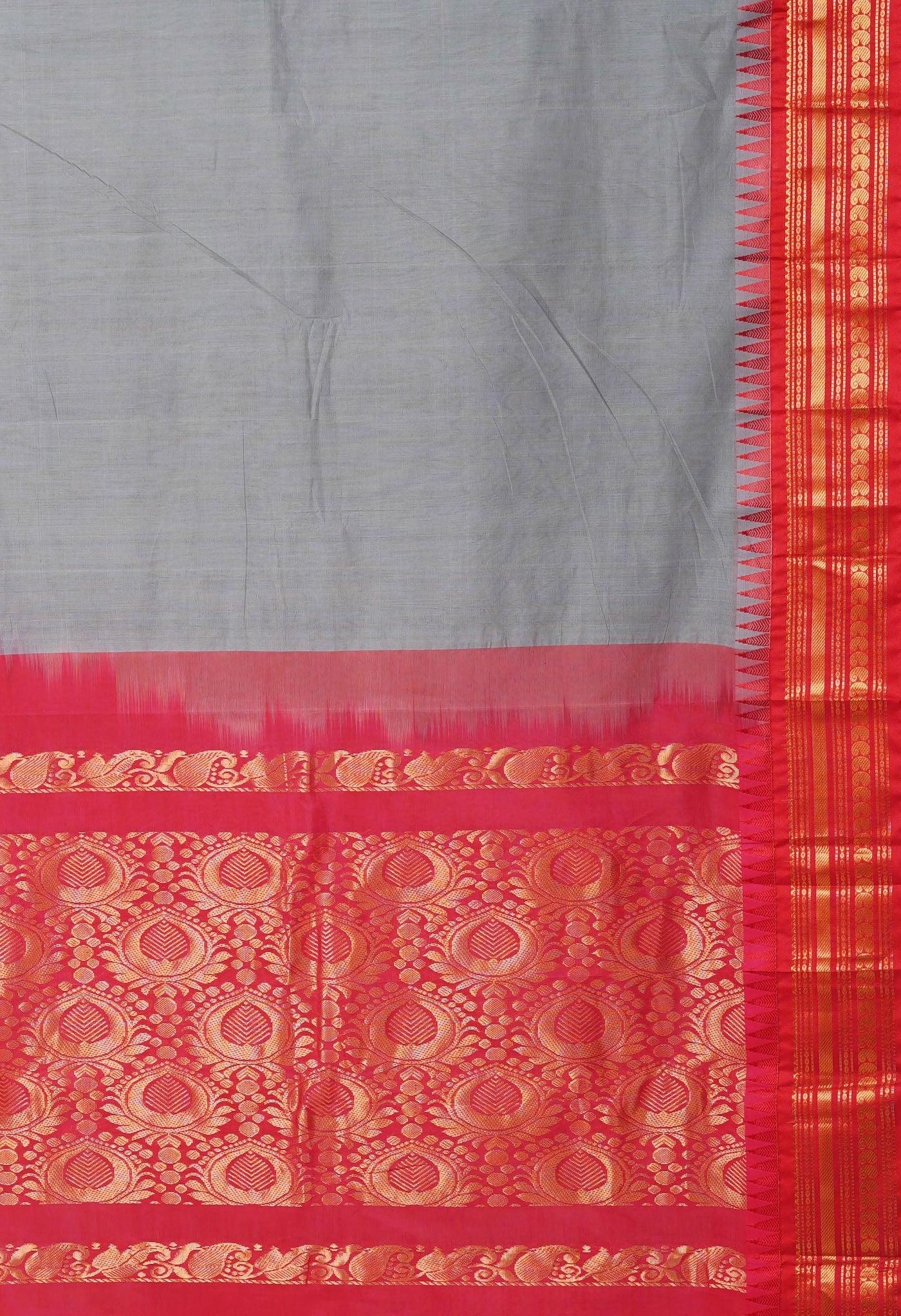 Grey-Red Pure Handloom Gadwal Cotton Saree-UNM80492