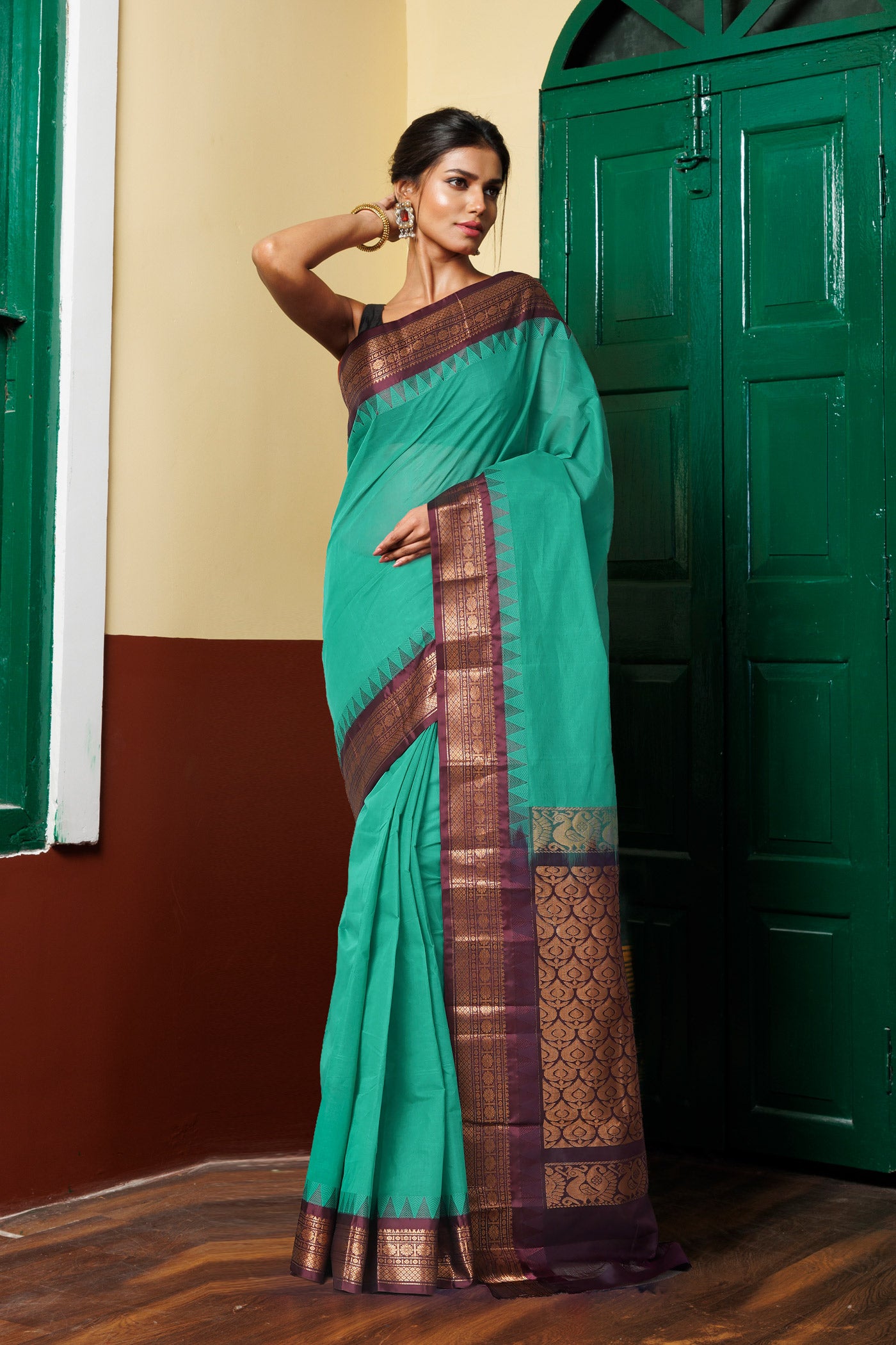 Green-Brown Pure Handloom Gadwal Cotton Saree-UNM80493