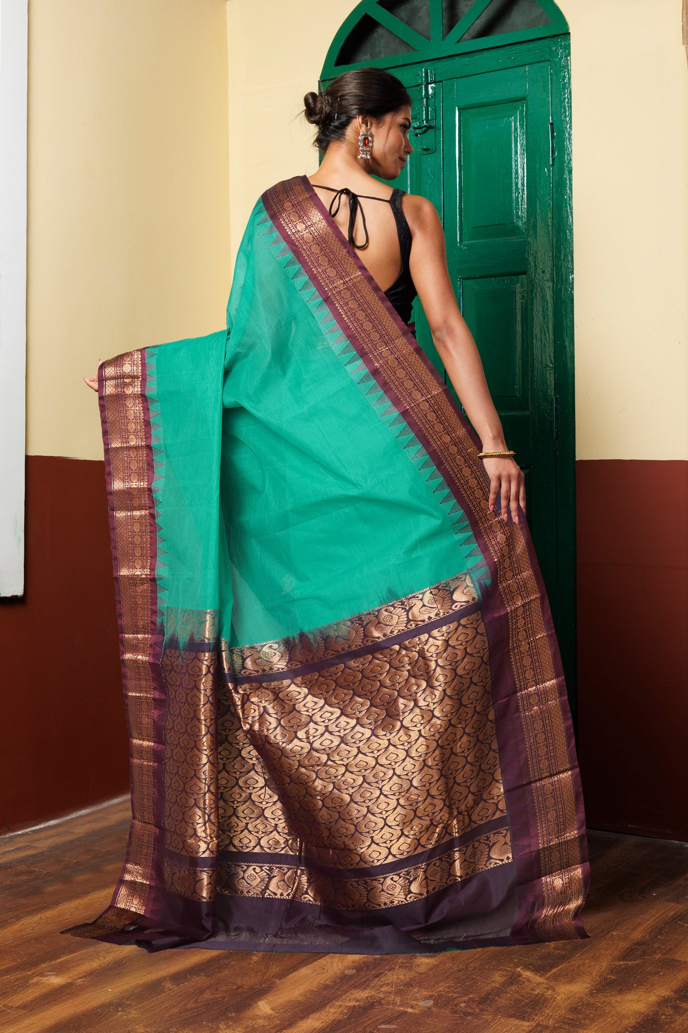 Green-Brown Pure Handloom Gadwal Cotton Saree-UNM80493