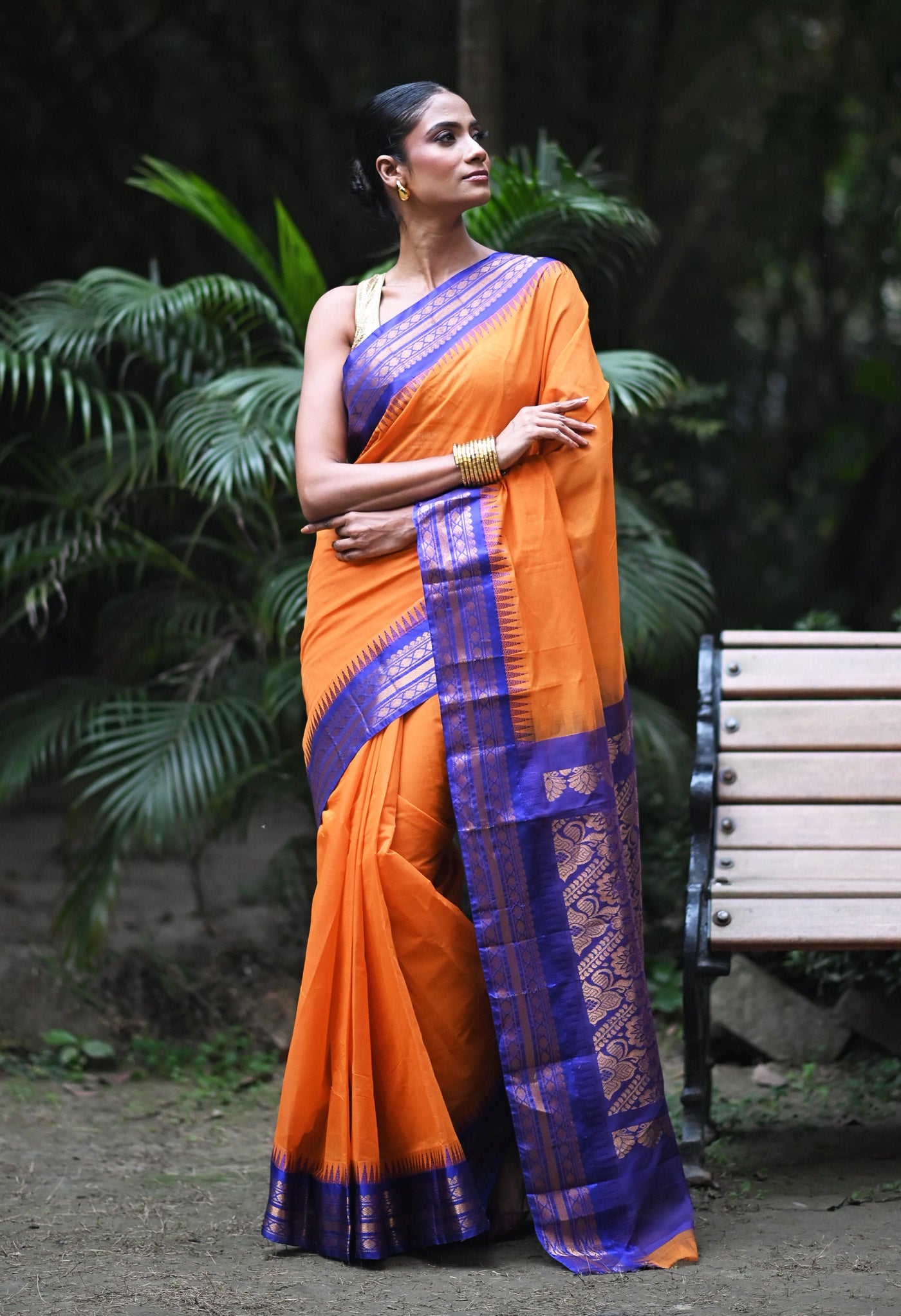 Orange-Dark Blue Pure Handloom Gadwal Cotton Saree-UNM80498