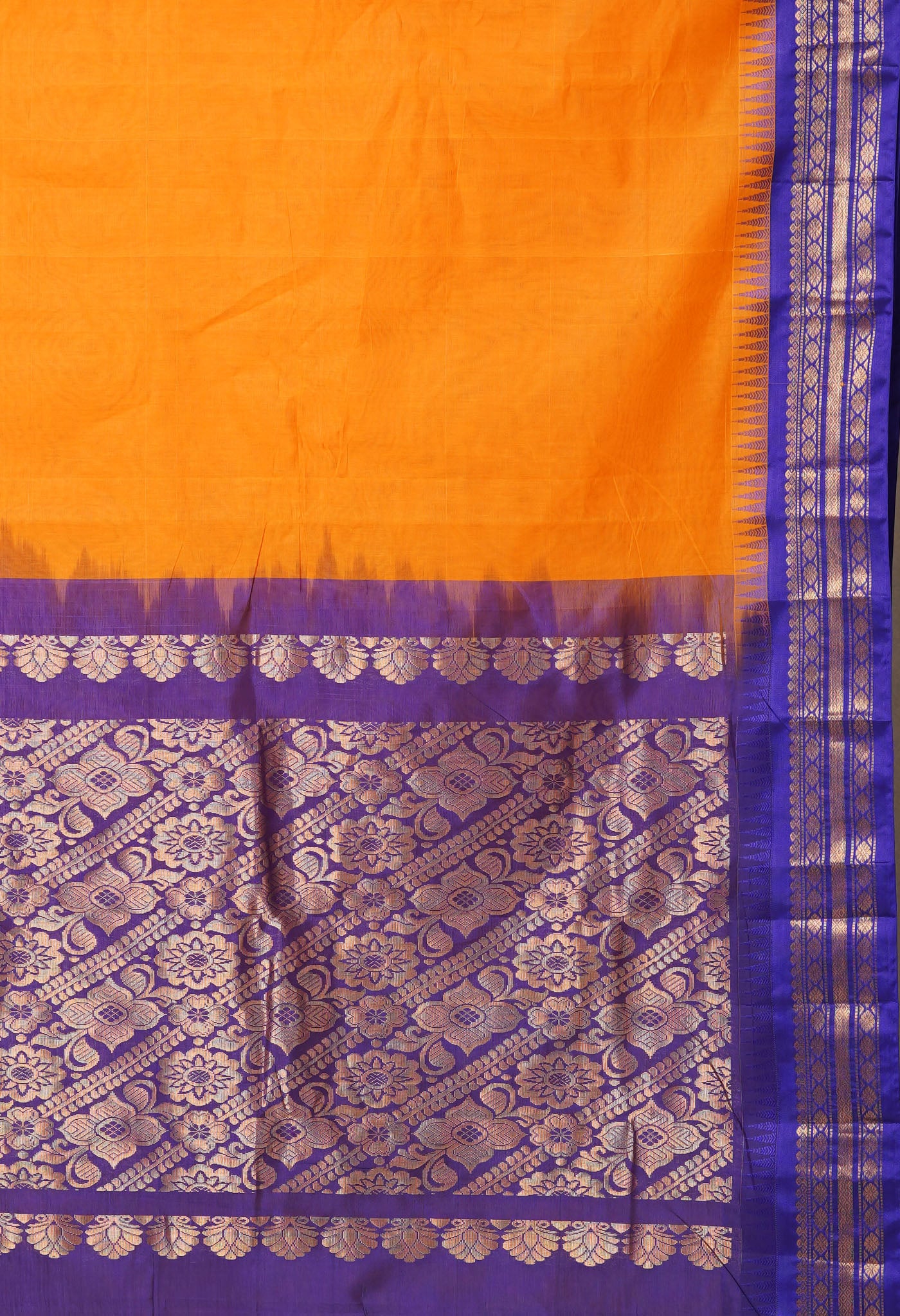 Orange-Dark Blue Pure Handloom Gadwal Cotton Saree-UNM80498