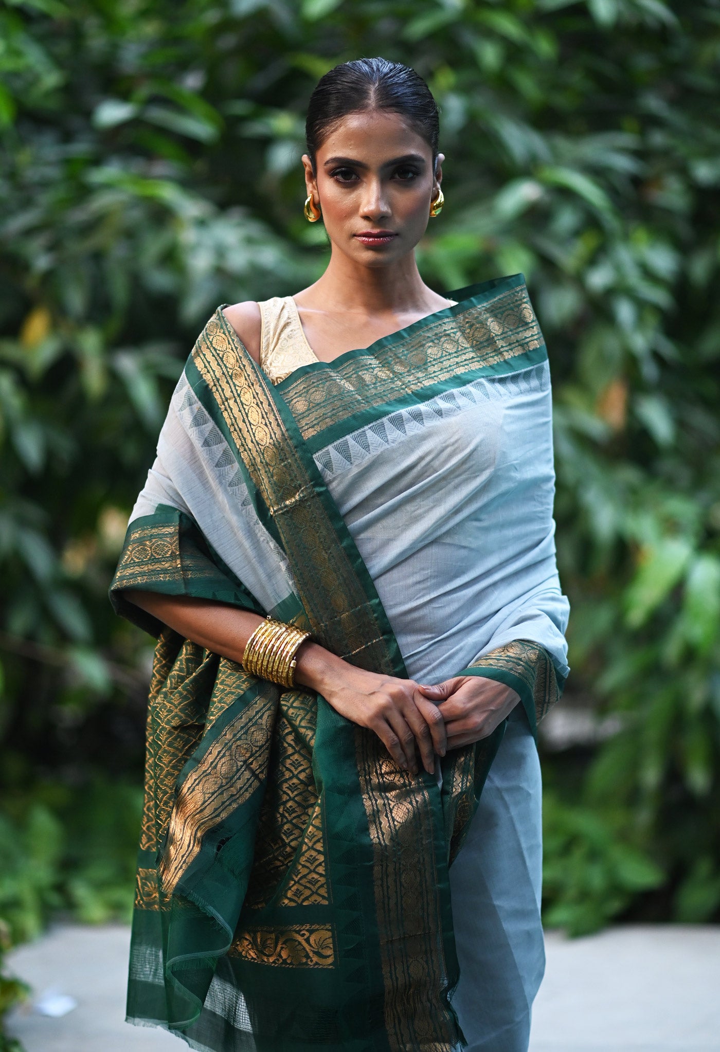 Grey-Green Pure Handloom Gadwal Cotton Saree-UNM80499