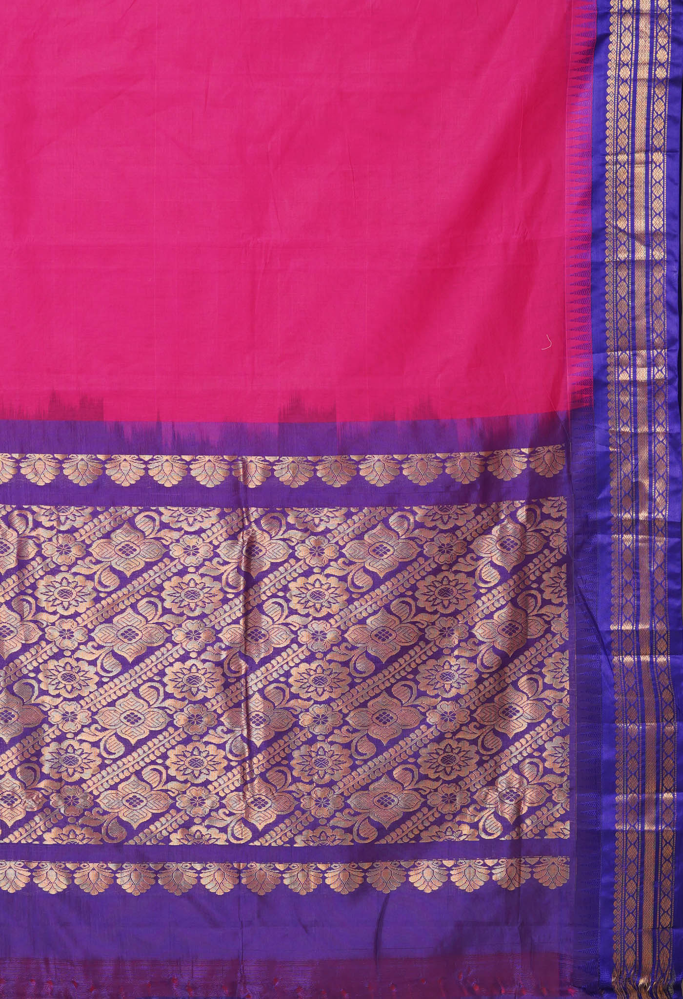 Pink-Dark Blue Pure Handloom Gadwal Cotton Saree-UNM80500