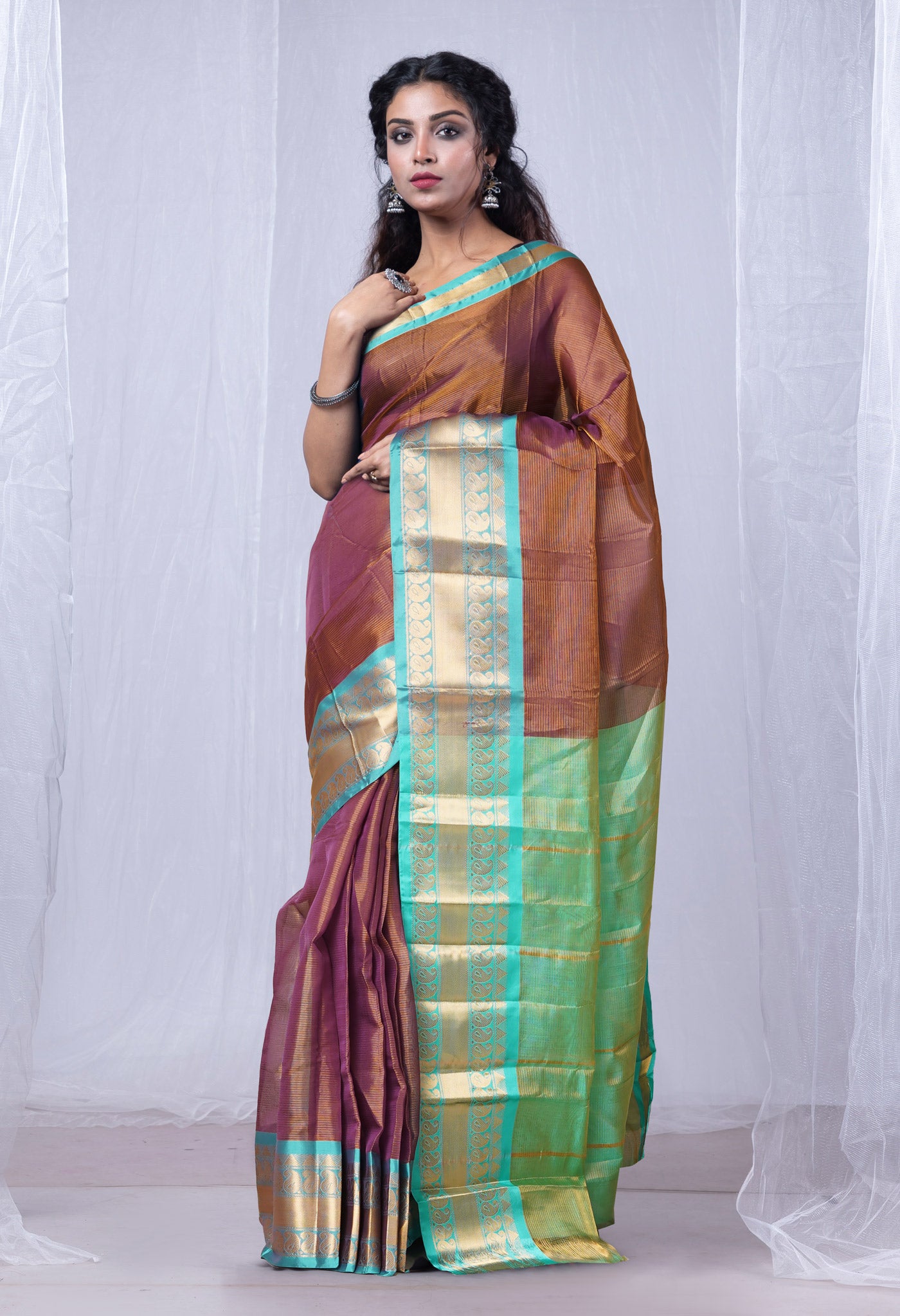 Purple-Green Pure Handloom Gadwal Soft Silk Saree-UNM80506