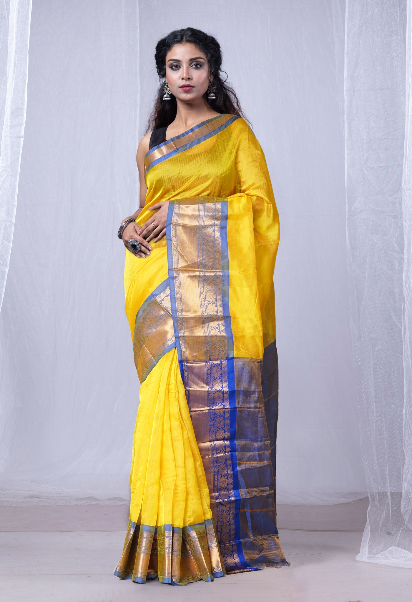 Yellow-Blue Pure Handloom Gadwal Soft Silk Saree-UNM80507