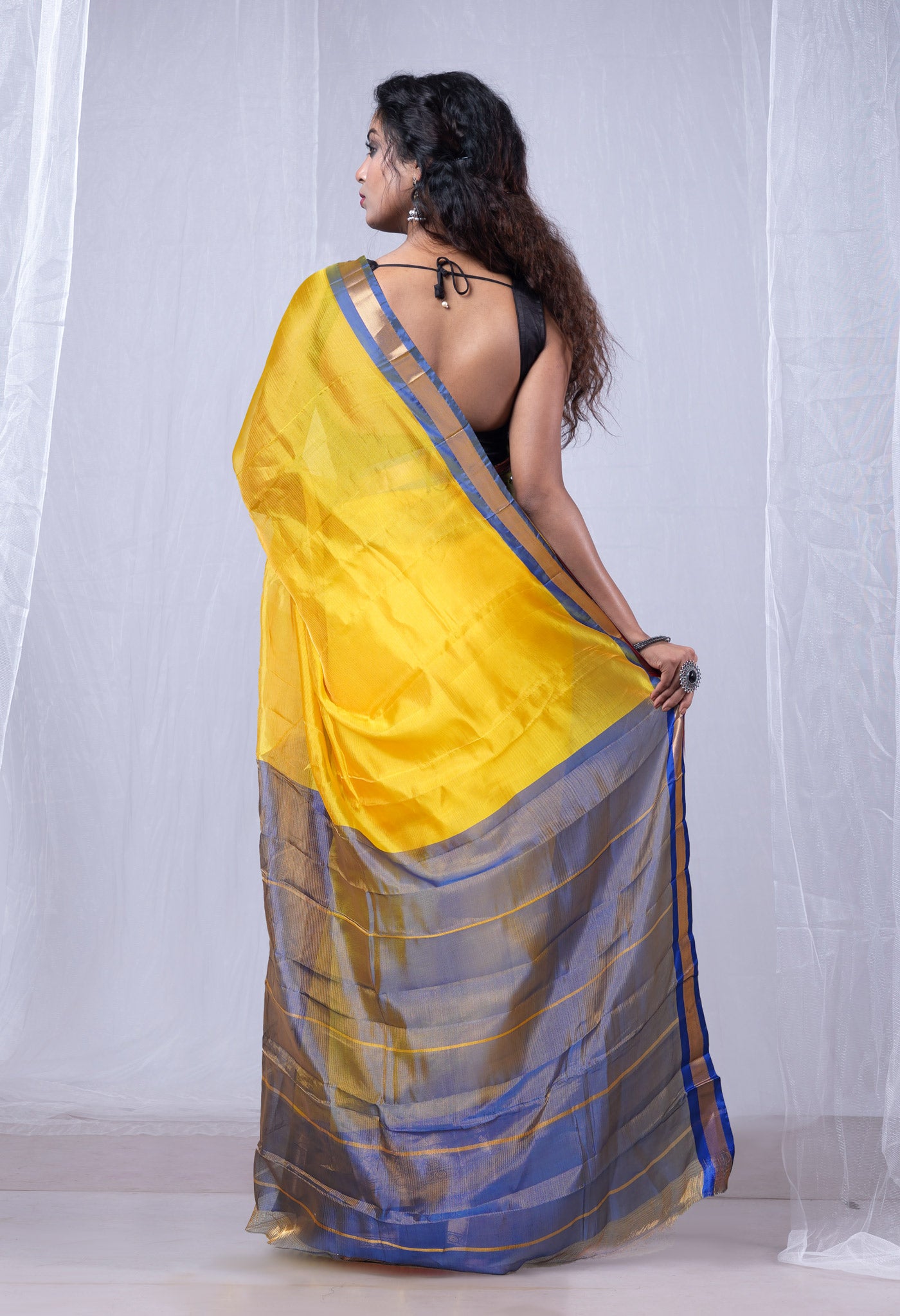 Yellow-Blue Pure Handloom Gadwal Soft Silk Saree-UNM80507