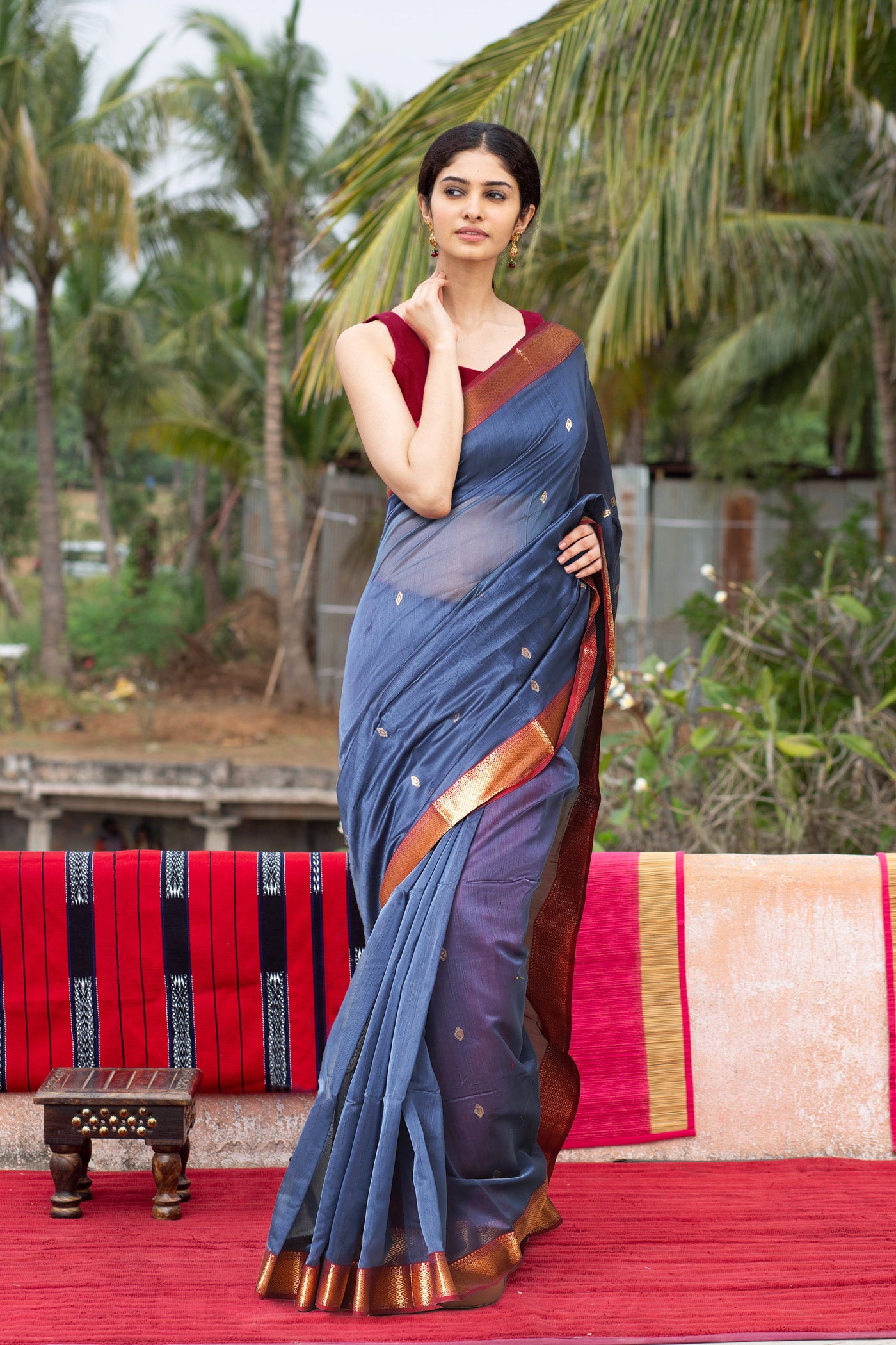 Grey-Maroon Pure Handloom Maheshwari Sico Saree-UNM80511