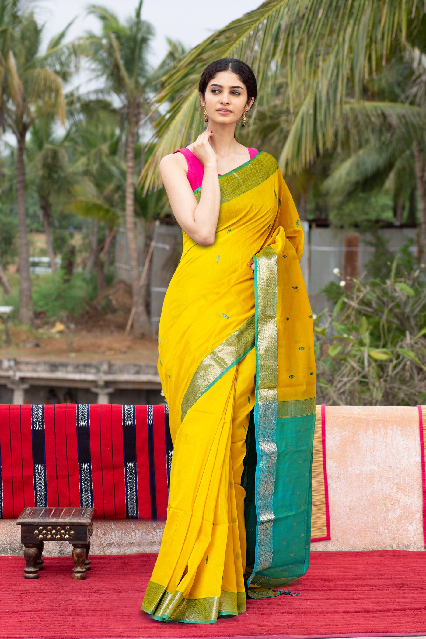 Yellow-Blue Pure Handloom Maheshwari Sico Saree-UNM80513