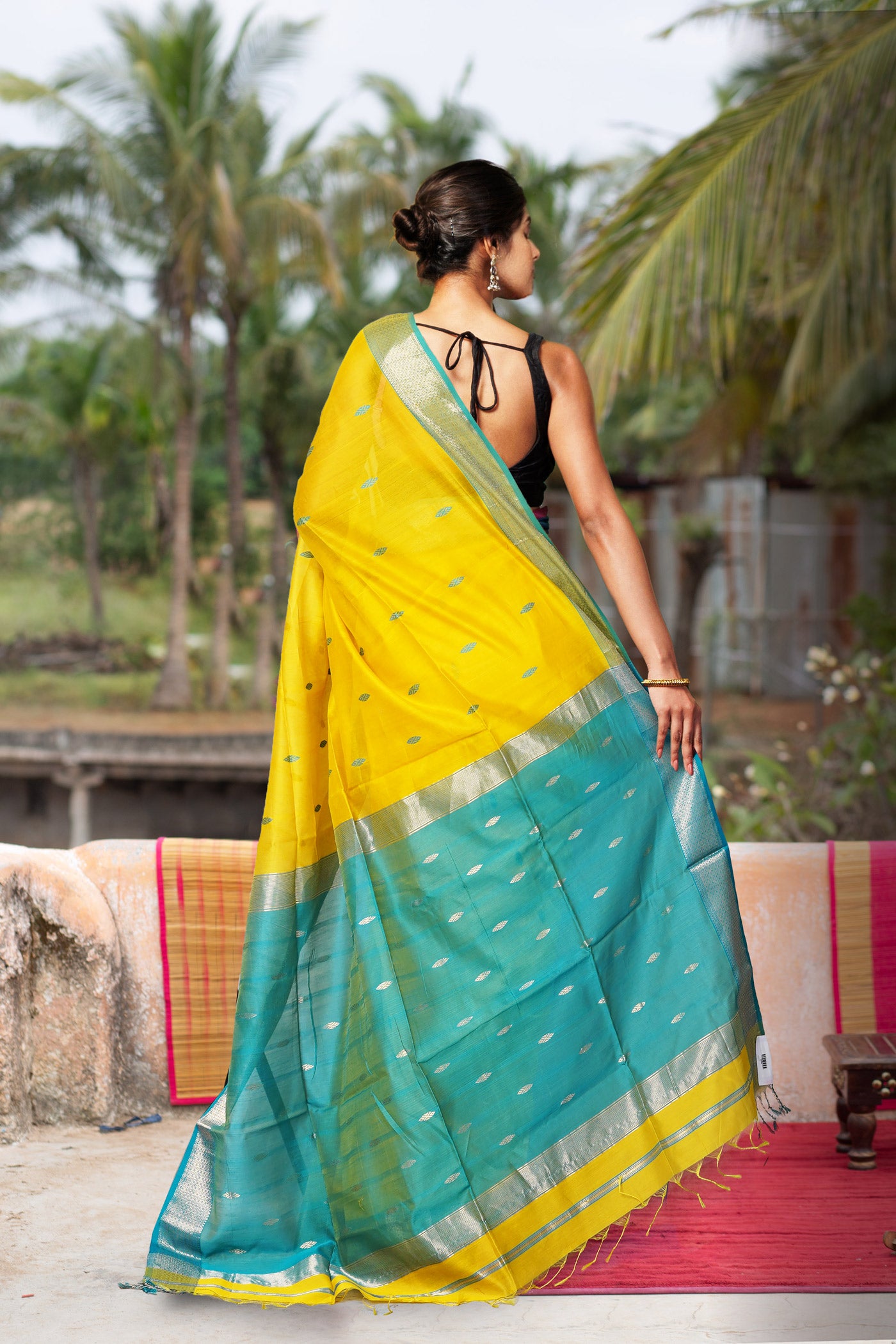 Yellow-Blue Pure Handloom Maheshwari Sico Saree-UNM80513