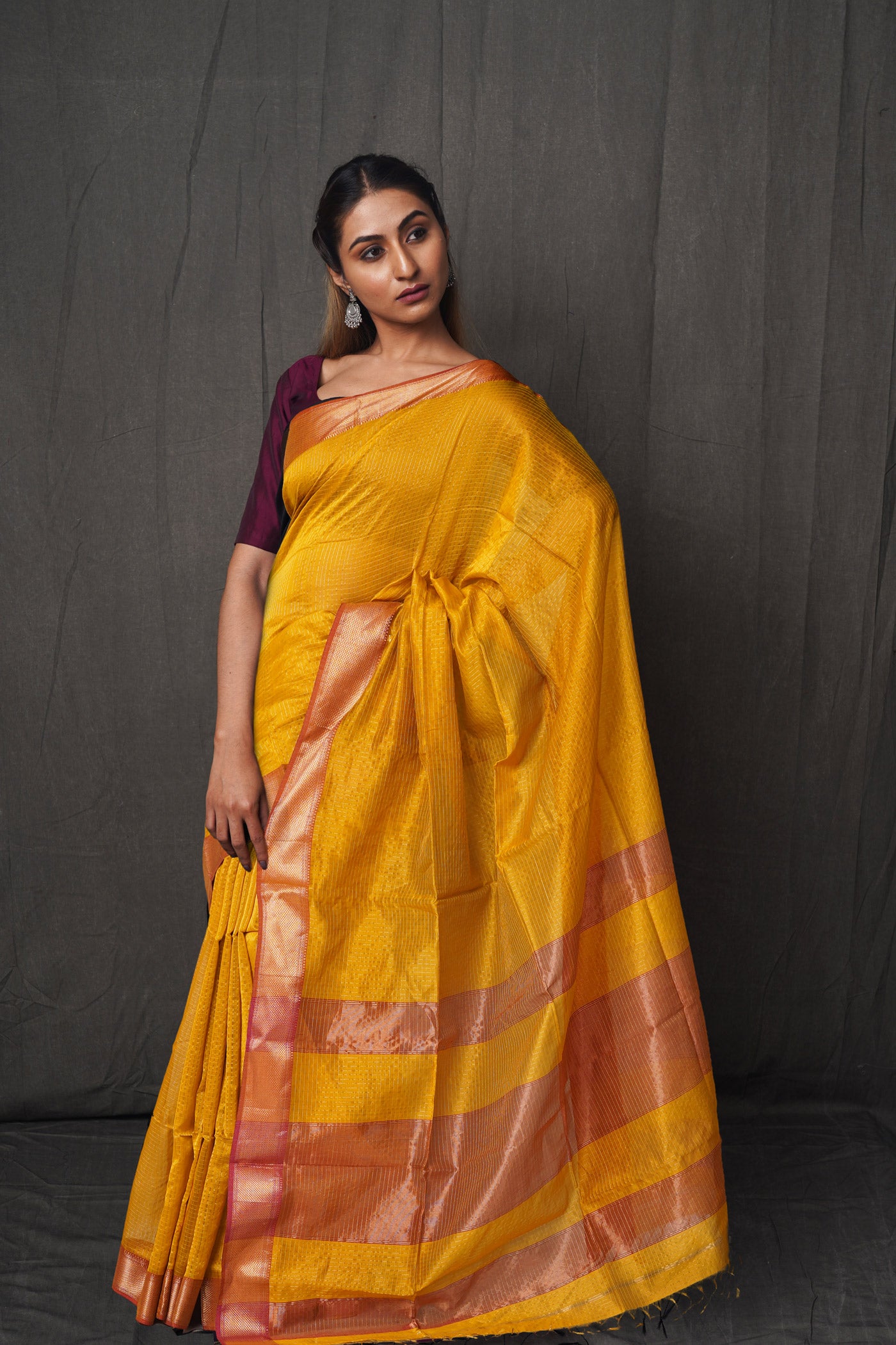 Yellow Pure Handloom Maheshwari With Checks Weaving Sico Saree-UNM80518