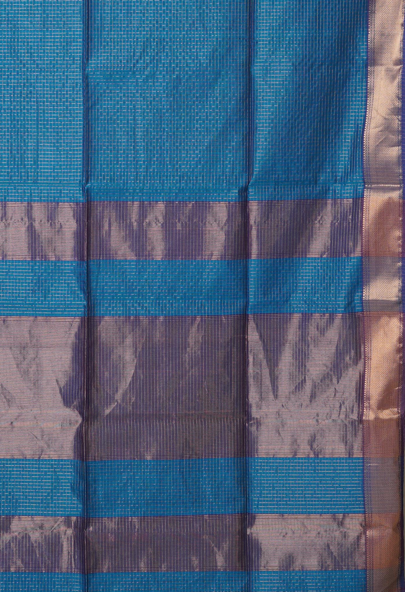 Peacock Blue Pure Handloom Maheshwari With Checks Weaving Sico Saree-UNM80523