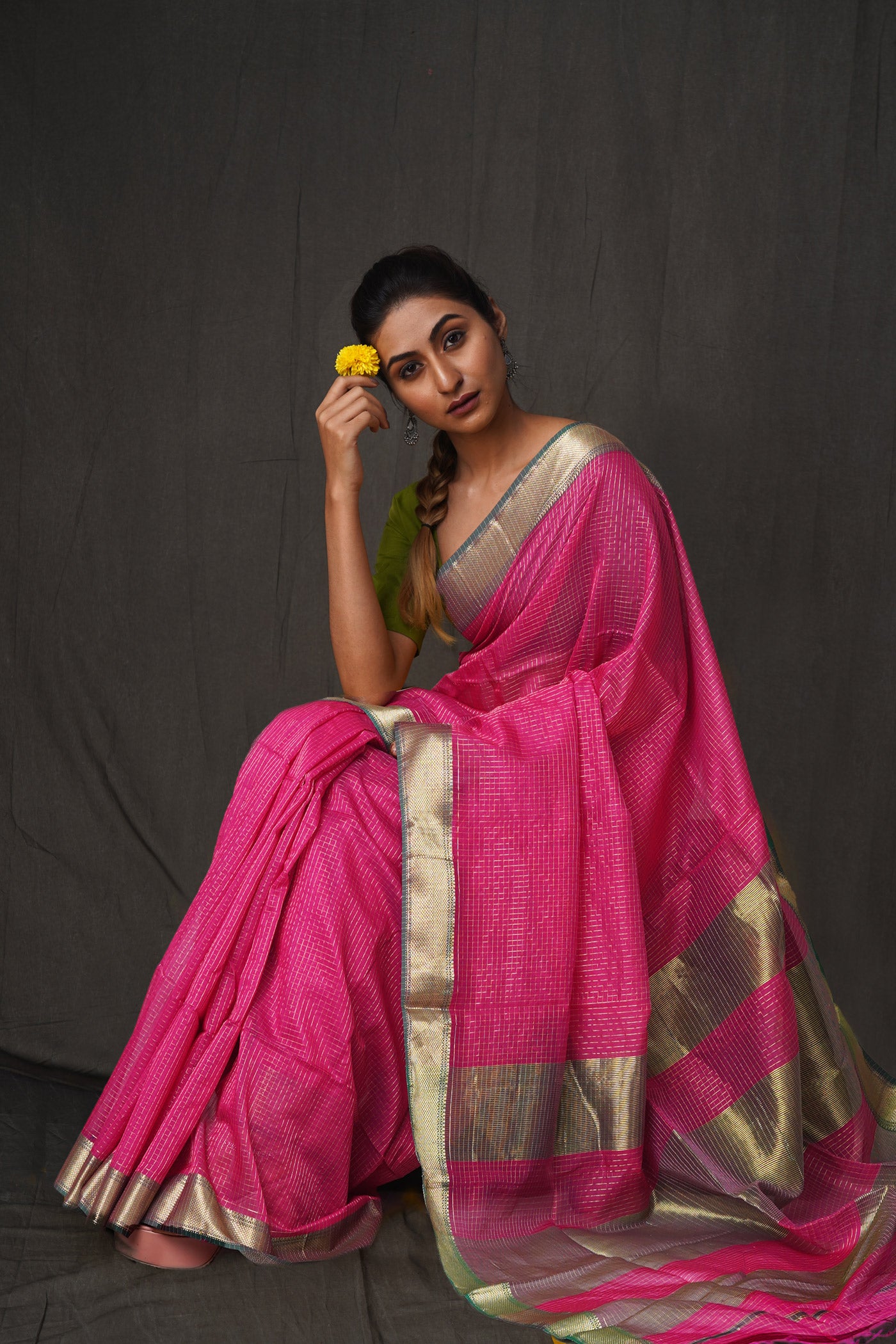 Pink Pure Handloom Maheshwari With Checks Weaving Sico Saree-UNM80524