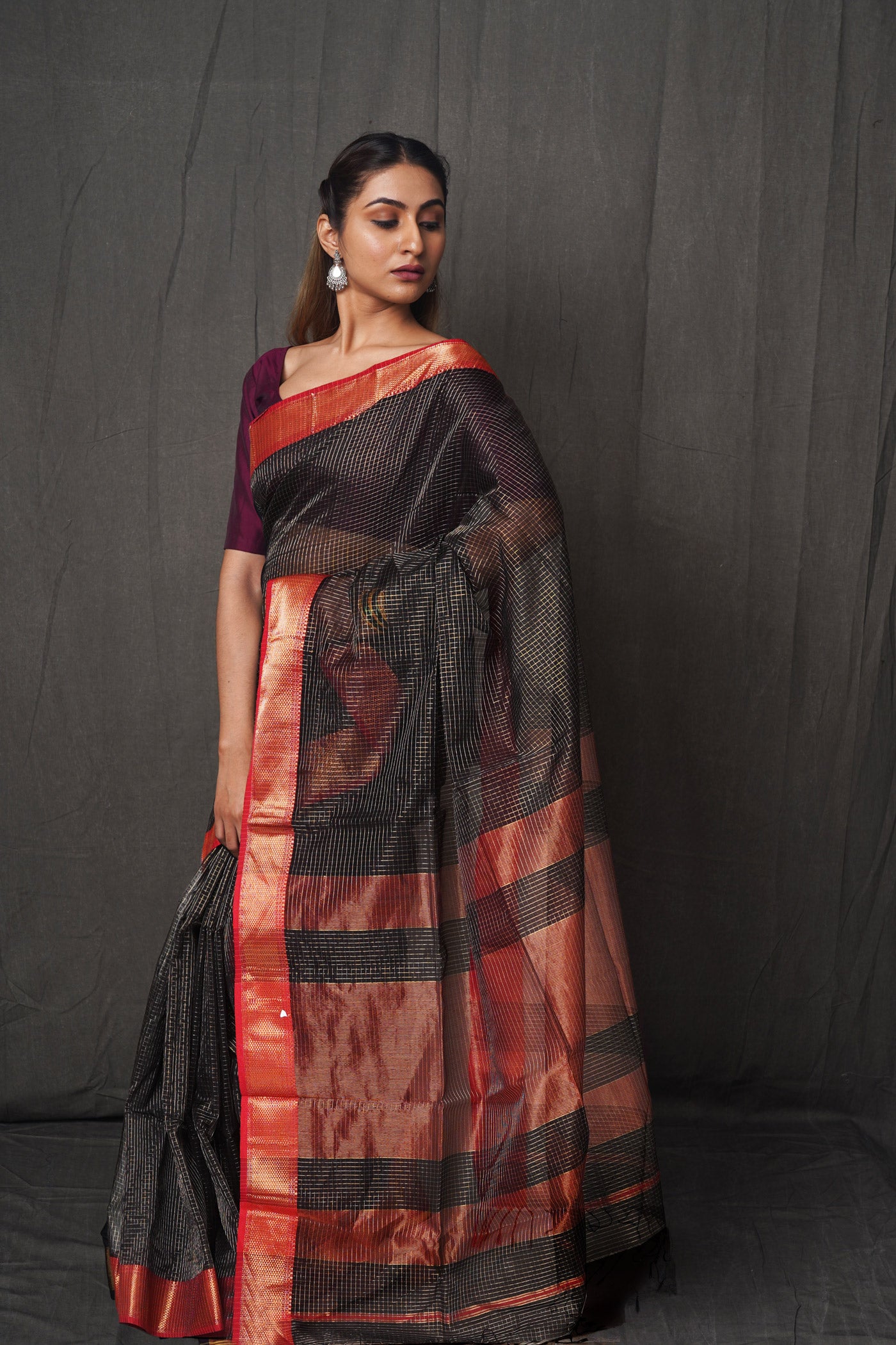 Black-Maroon Pure Handloom Maheshwari With Checks Weaving Sico Saree-UNM80525