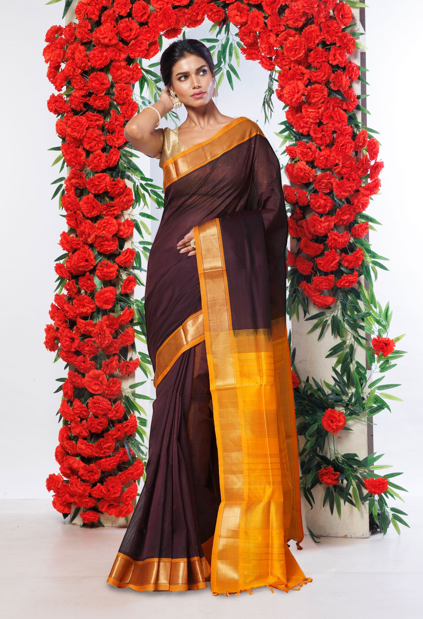 Dark Chocolate Brown-Yellow Pure Handloom Assam Sico Saree-UNM80533