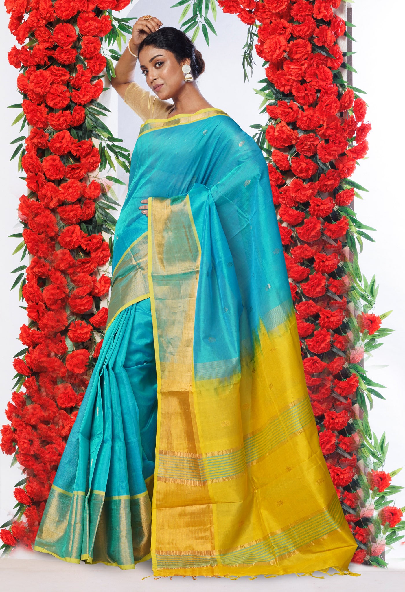 Turquoise Blue-Yellow Pure Handloom Assam Sico Saree-UNM80536