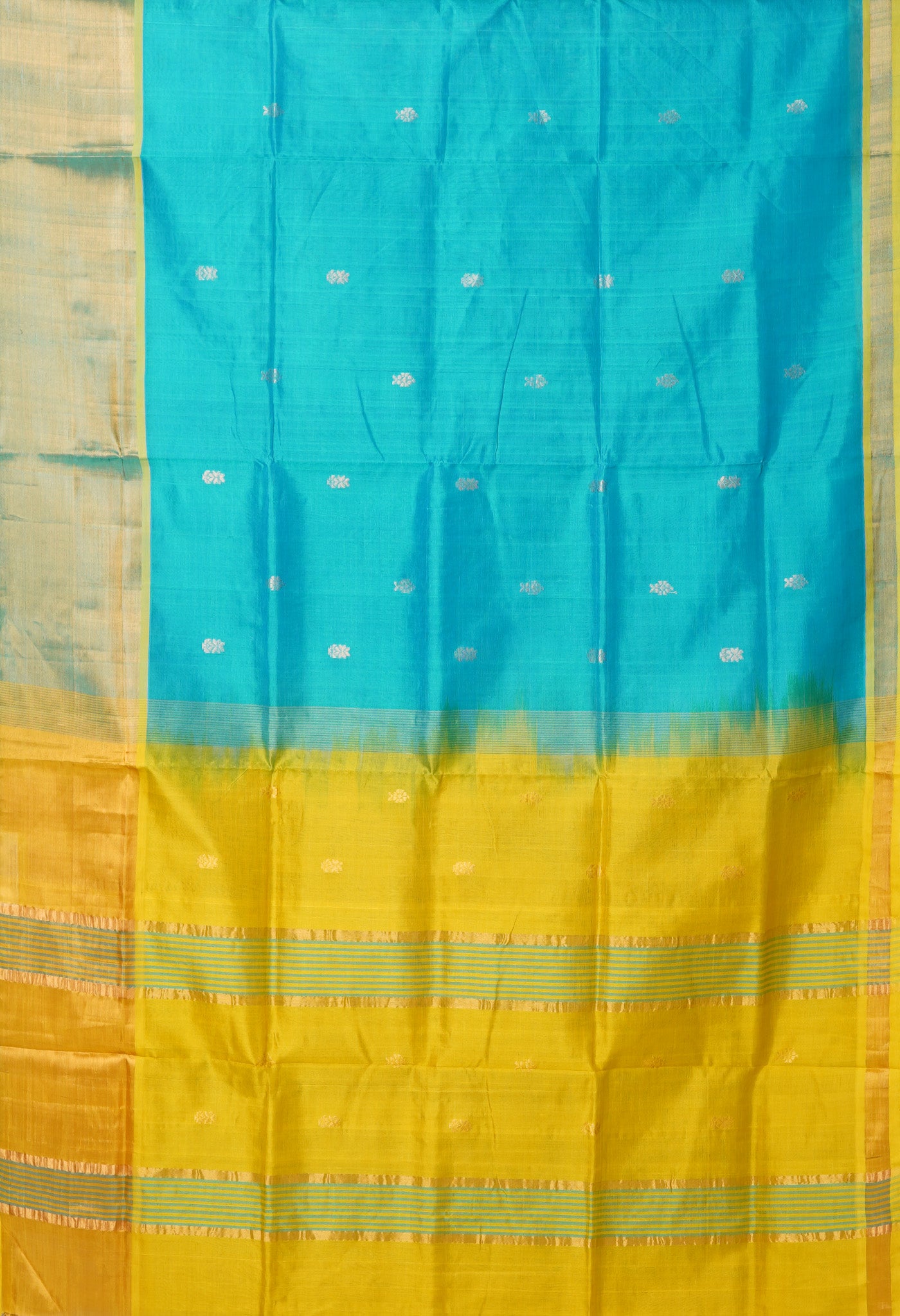 Turquoise Blue-Yellow Pure Handloom Assam Sico Saree-UNM80536