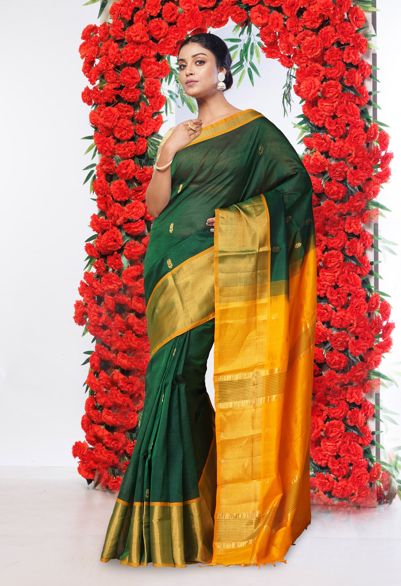 Dark Green-Yellow Pure Handloom Assam Sico Saree-UNM80537